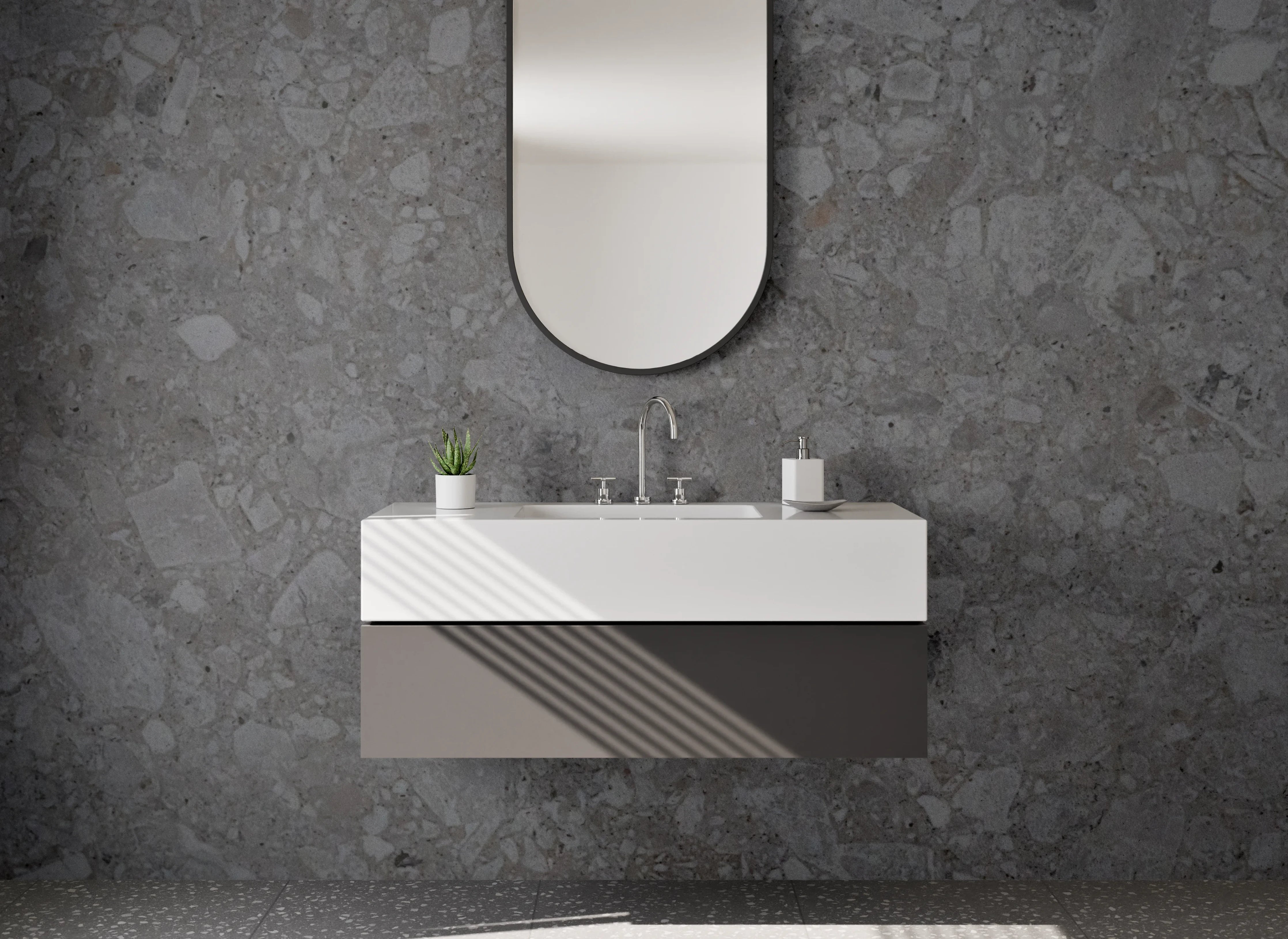 Waschbecken-Rückwand - Grauer Naturstein mit strukturierter Oberfläche