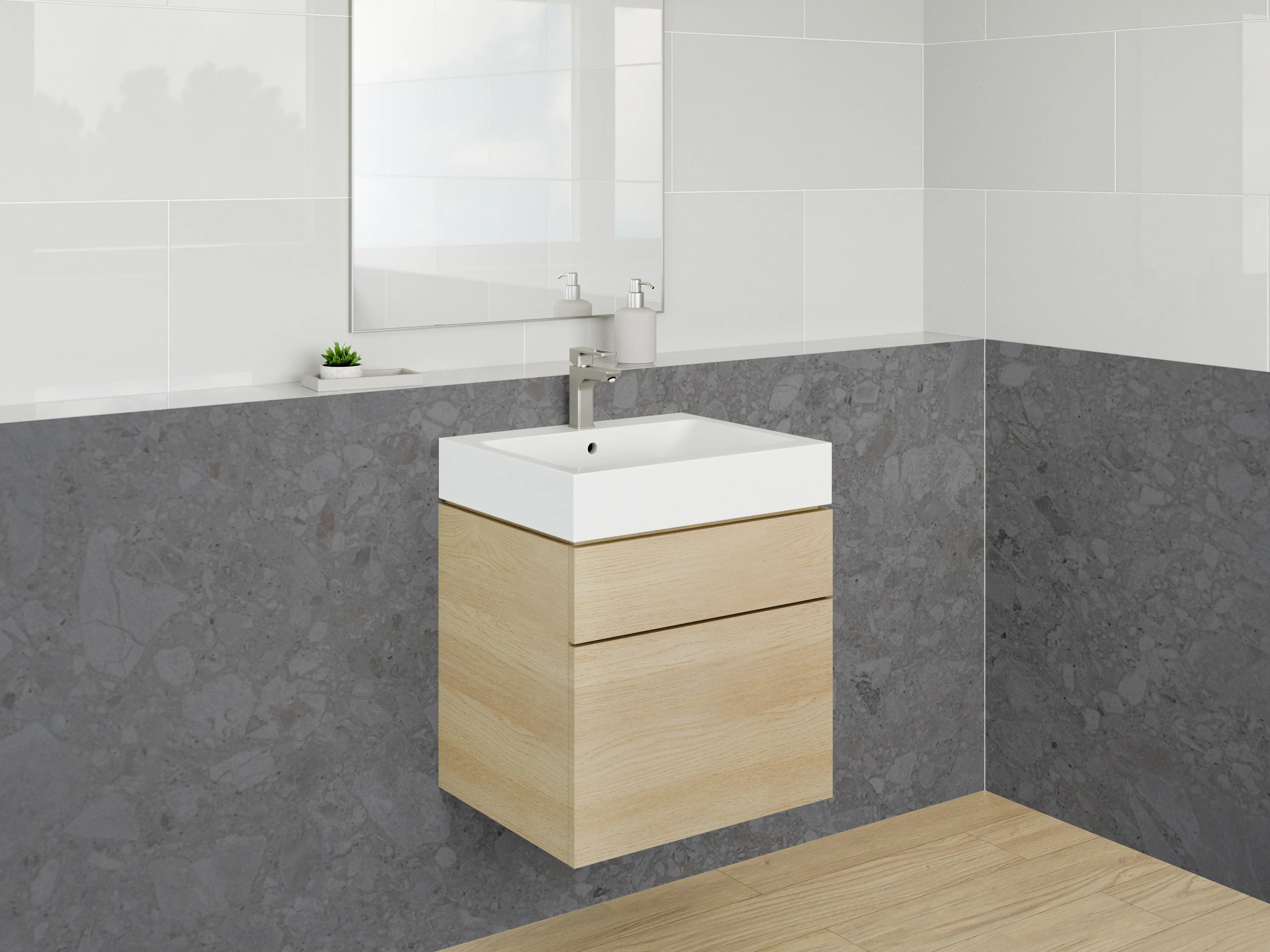 Waschbecken-Rückwand - Grauer Naturstein mit strukturierter Oberfläche