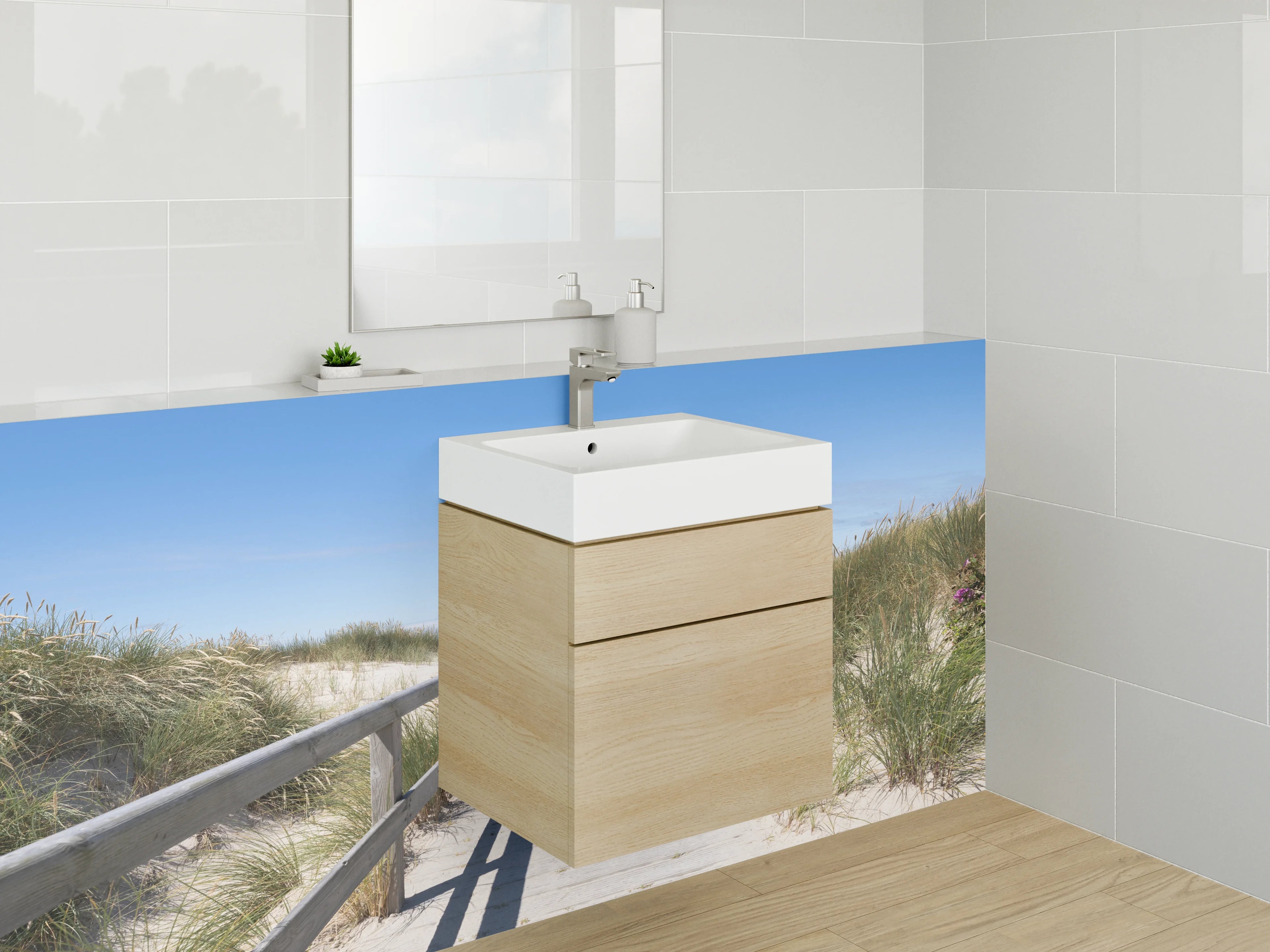 Waschbecken-Rückwand - Grauer Strandpfad am Wasser