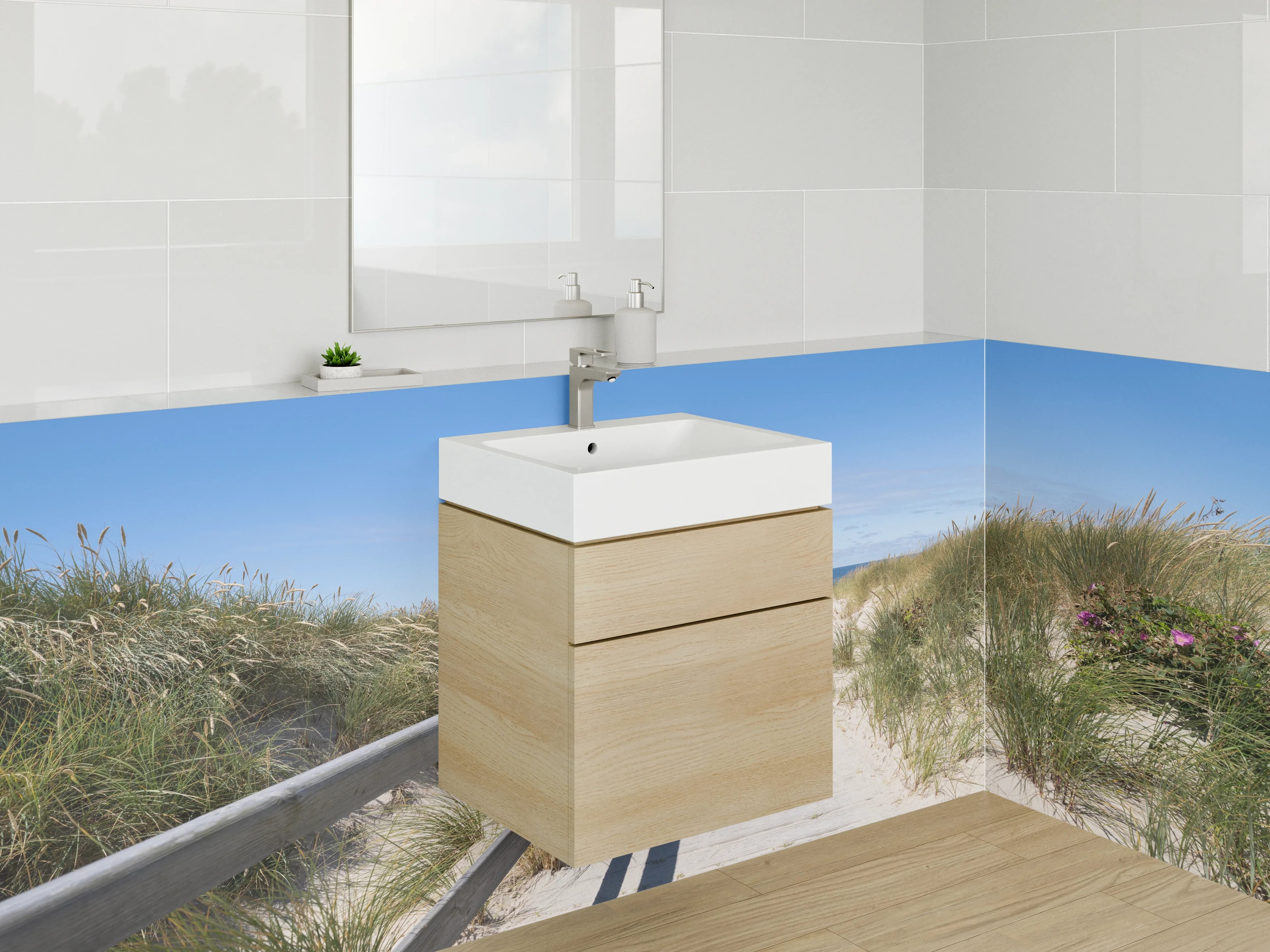 Waschbecken-Rückwand - Grauer Strandpfad am Wasser
