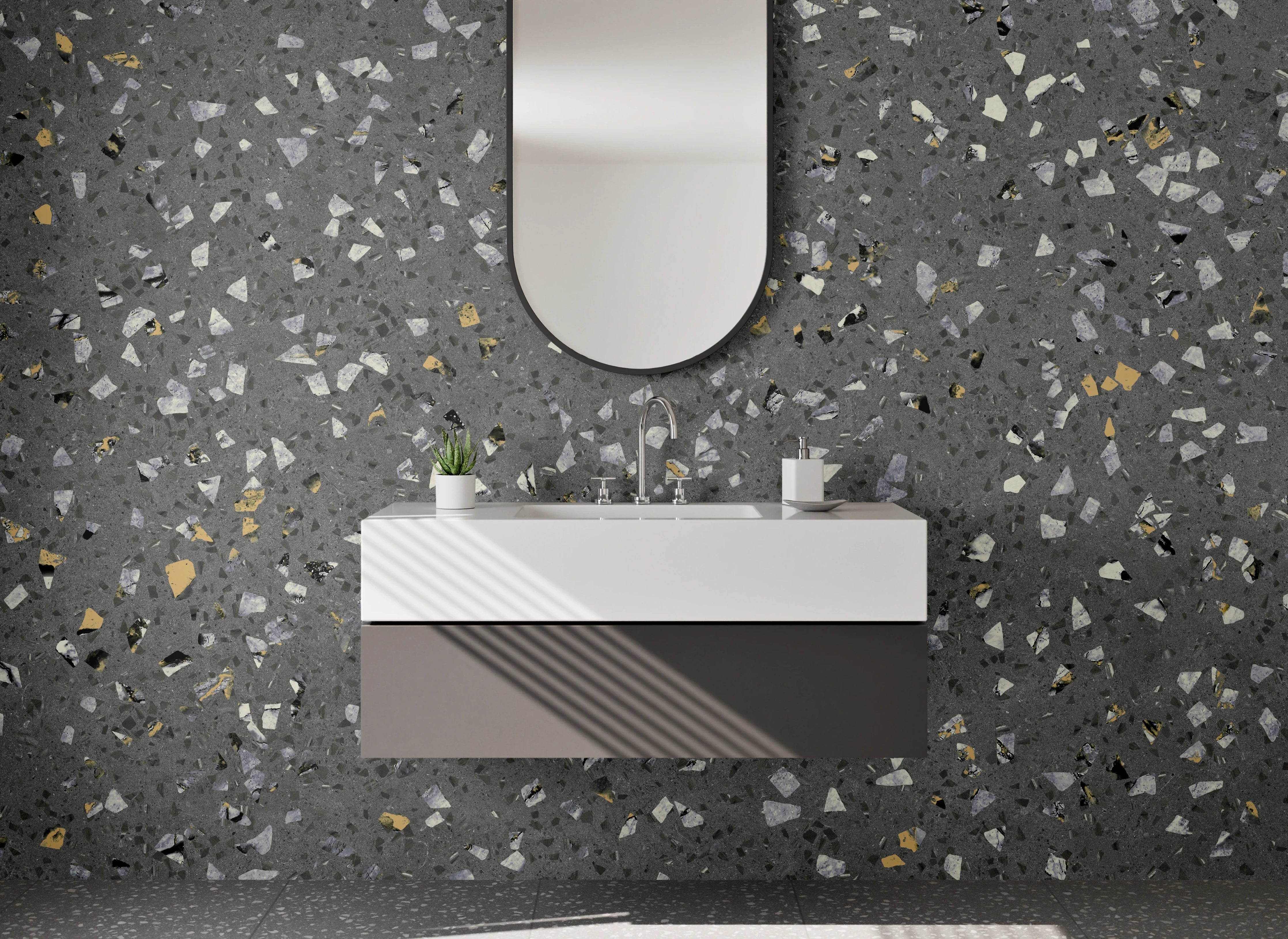 Waschbecken-Rückwand - Grauer Terrazzo-Boden mit bunten Steinchen