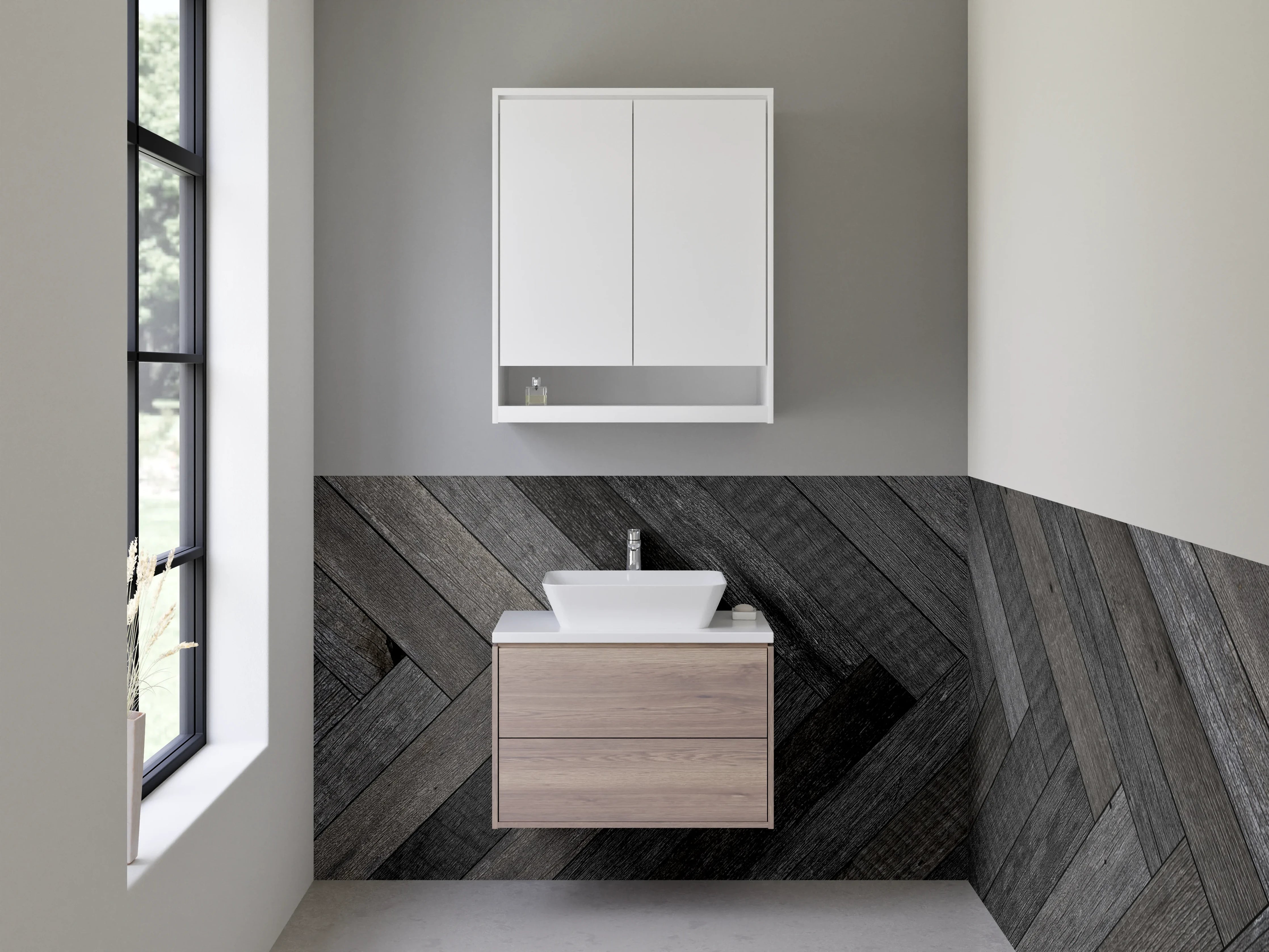 Waschbecken-Rückwand - Graues Fischgrät Weißholz Design