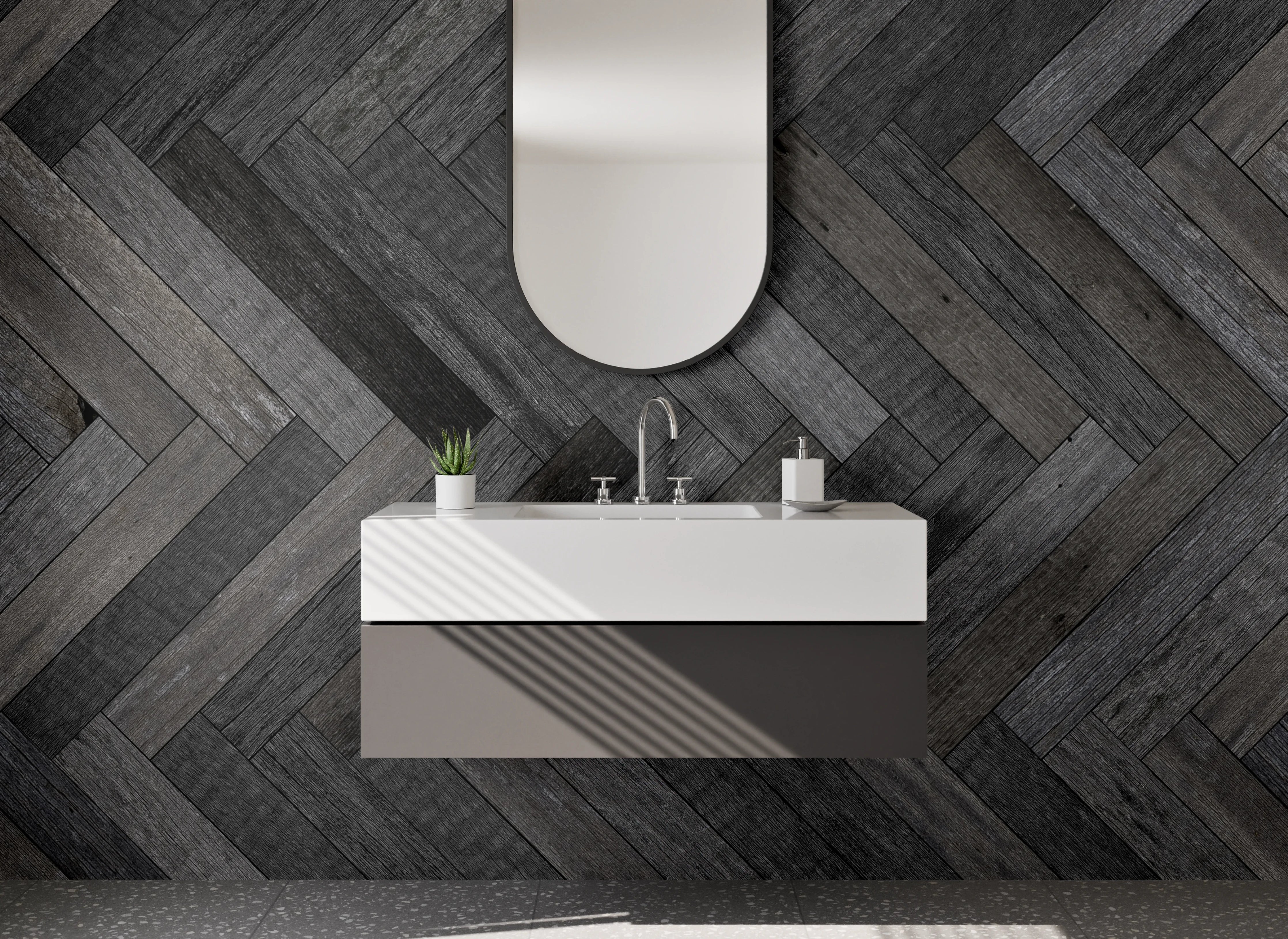 Waschbecken-Rückwand - Graues Fischgrät Weißholz Design