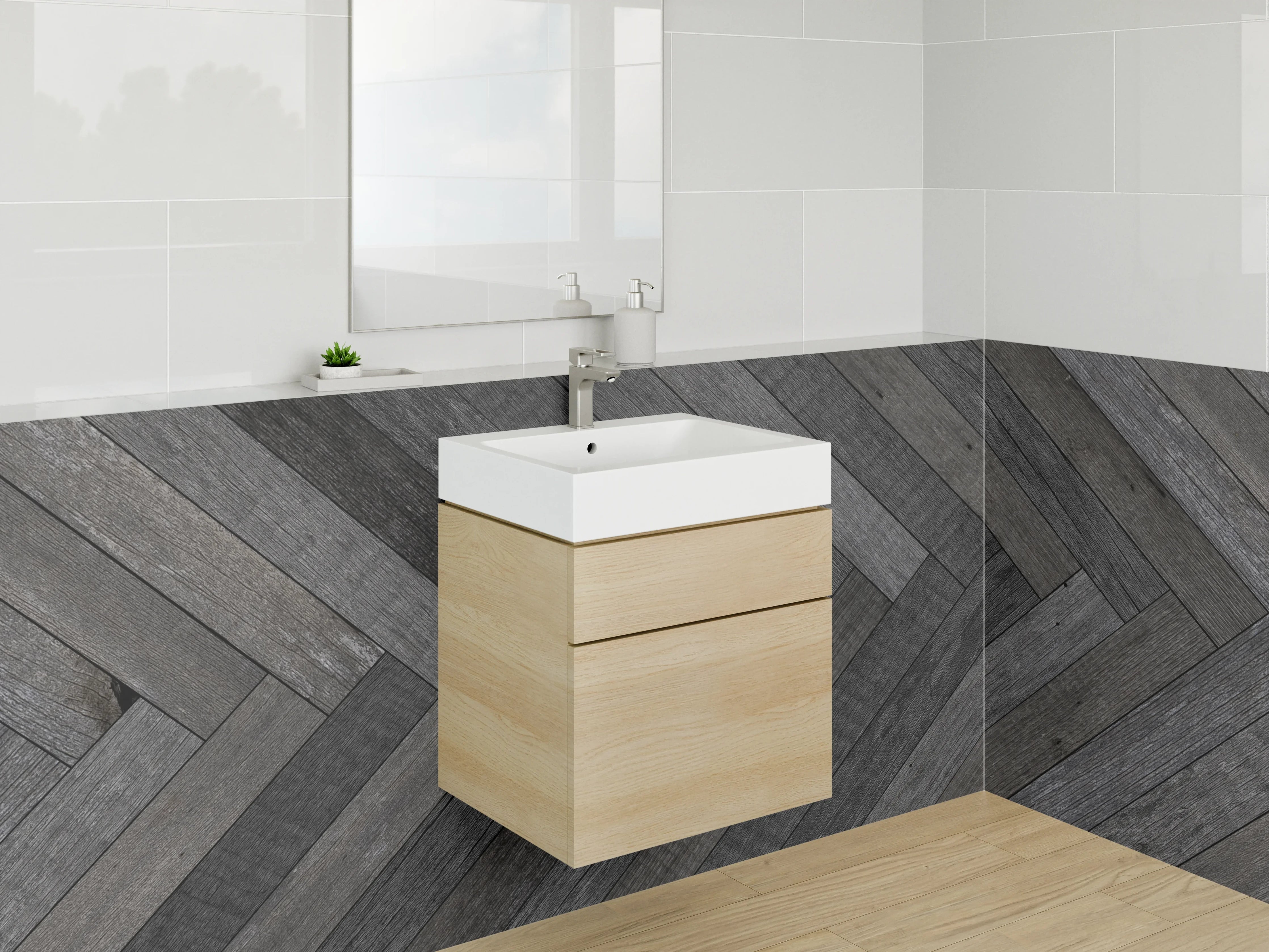 Waschbecken-Rückwand - Graues Fischgrät Weißholz Design