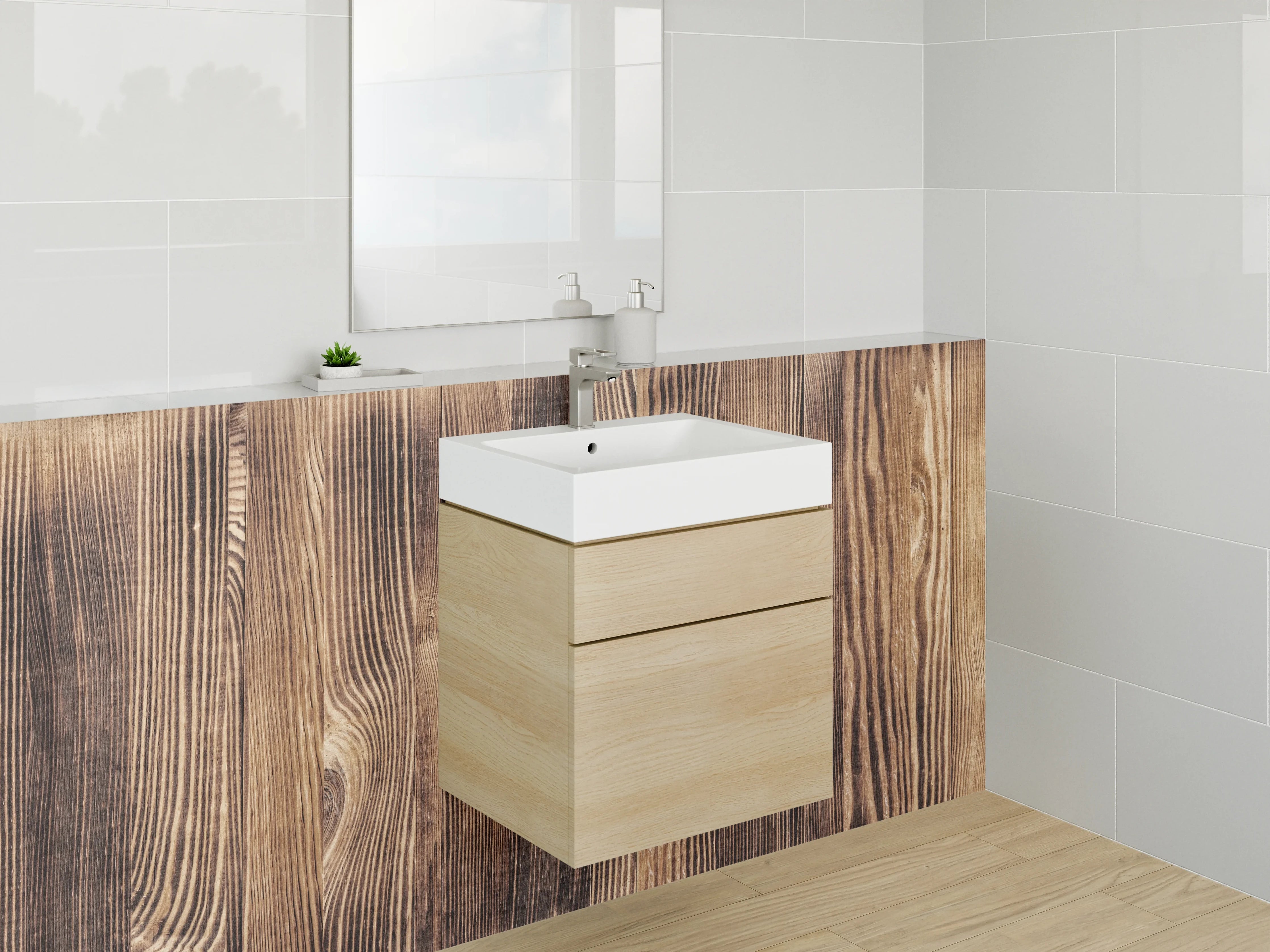 Waschbecken-Rückwand - Graues Holzbrett mit weißen Akzenten