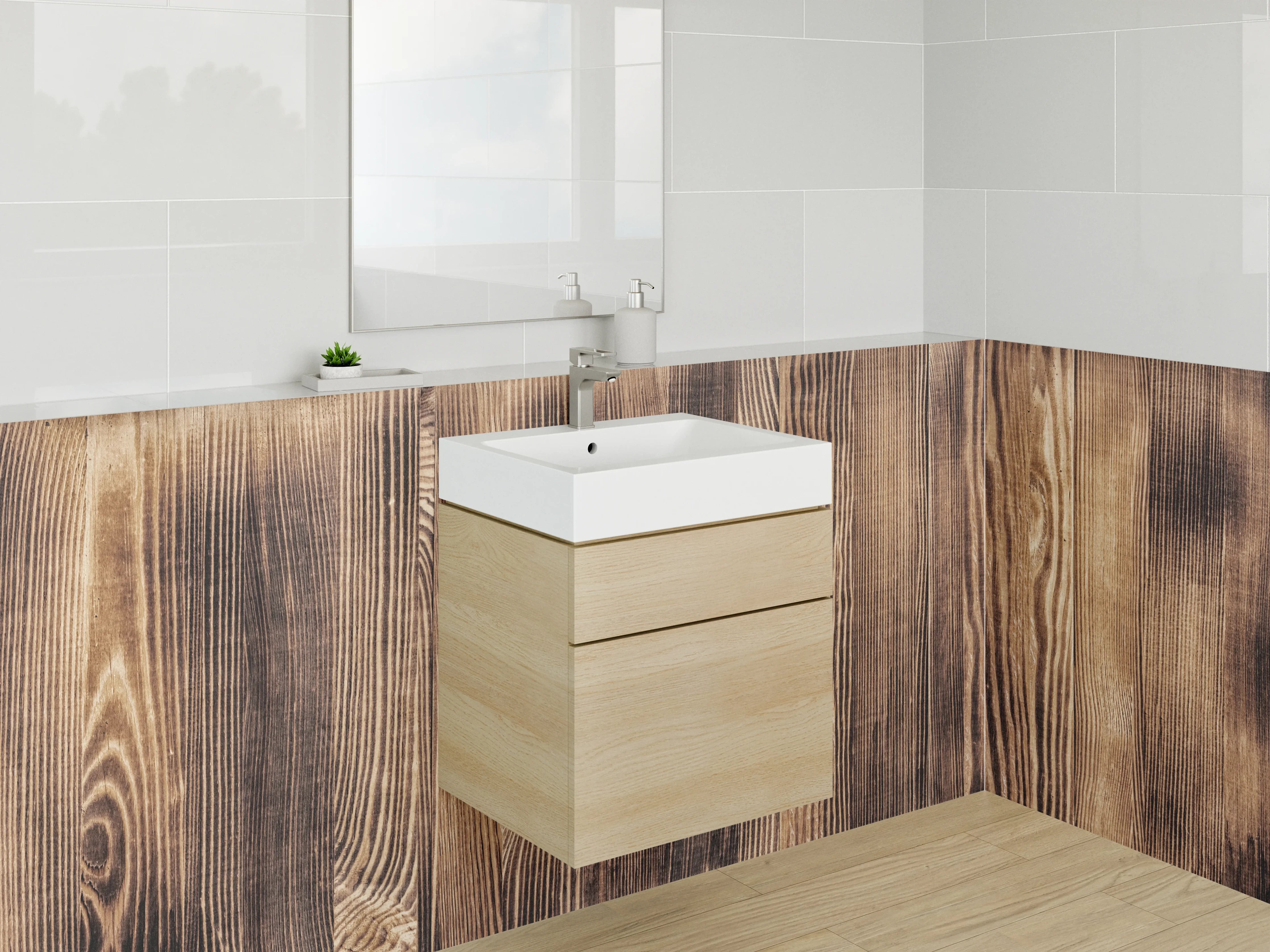 Waschbecken-Rückwand - Graues Holzbrett mit weißen Akzenten