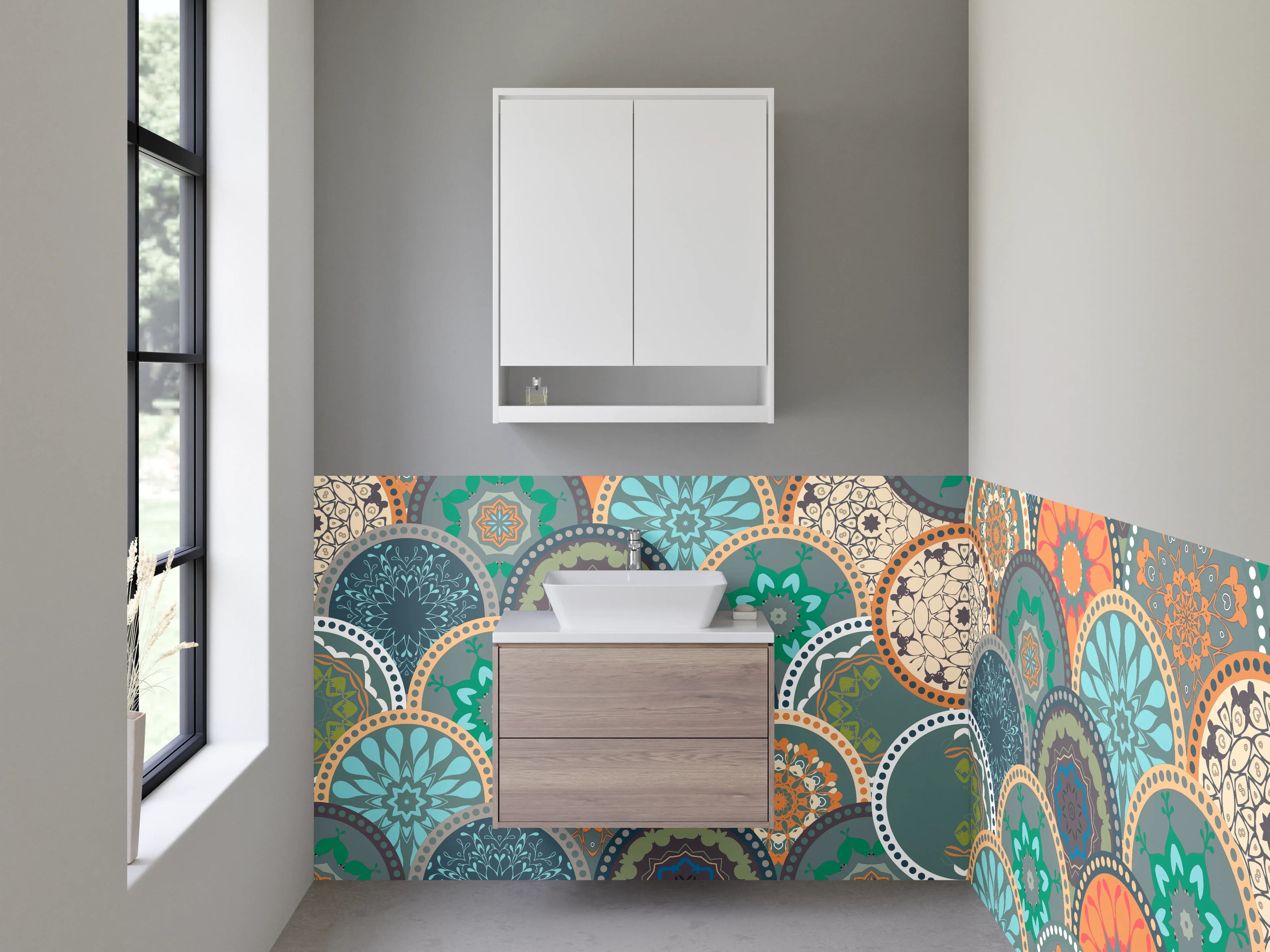Waschbecken-Rückwand - Graues Mosaik Mandala auf Weiß