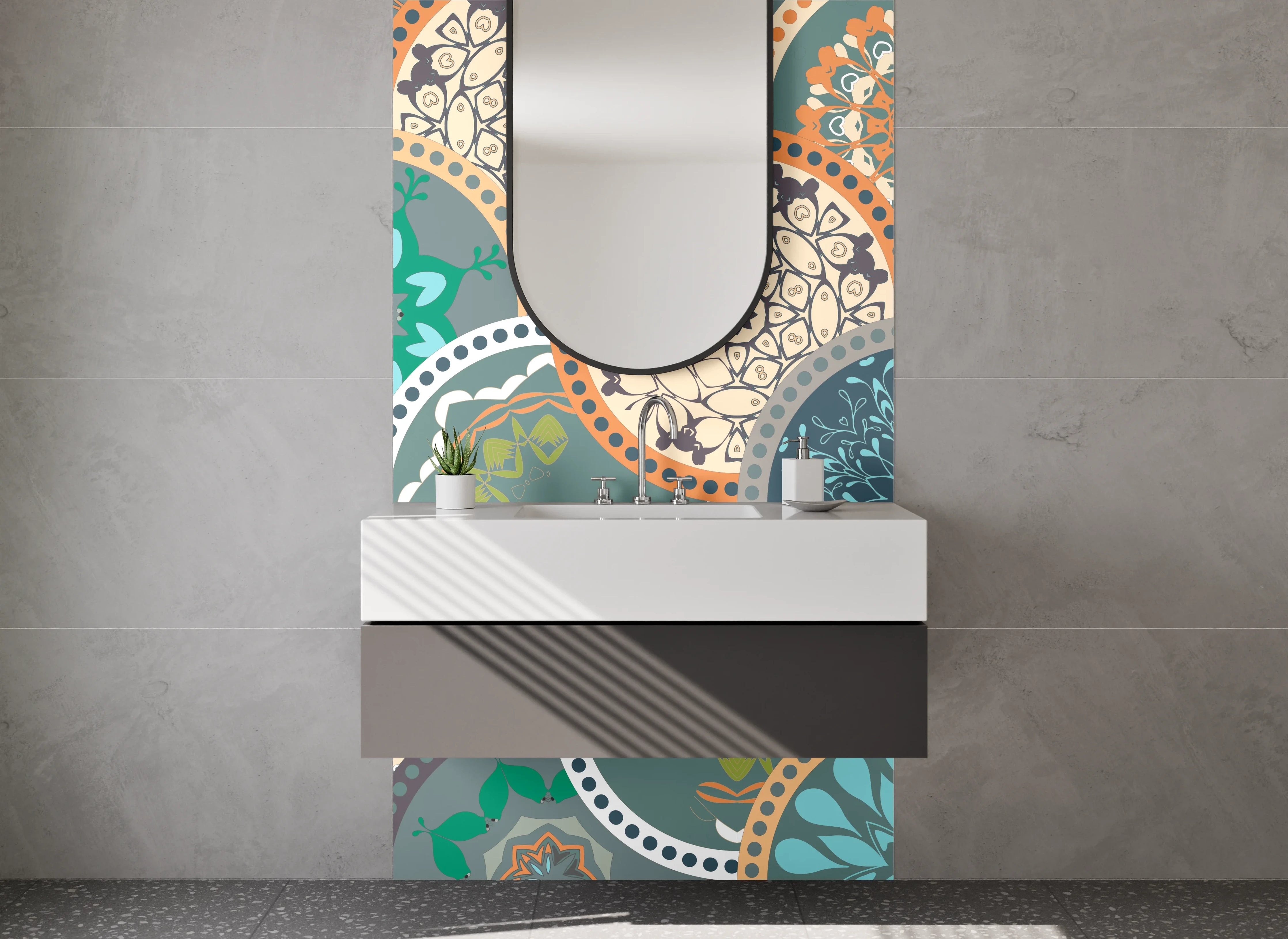 Waschbecken-Rückwand - Graues Mosaik Mandala auf Weiß