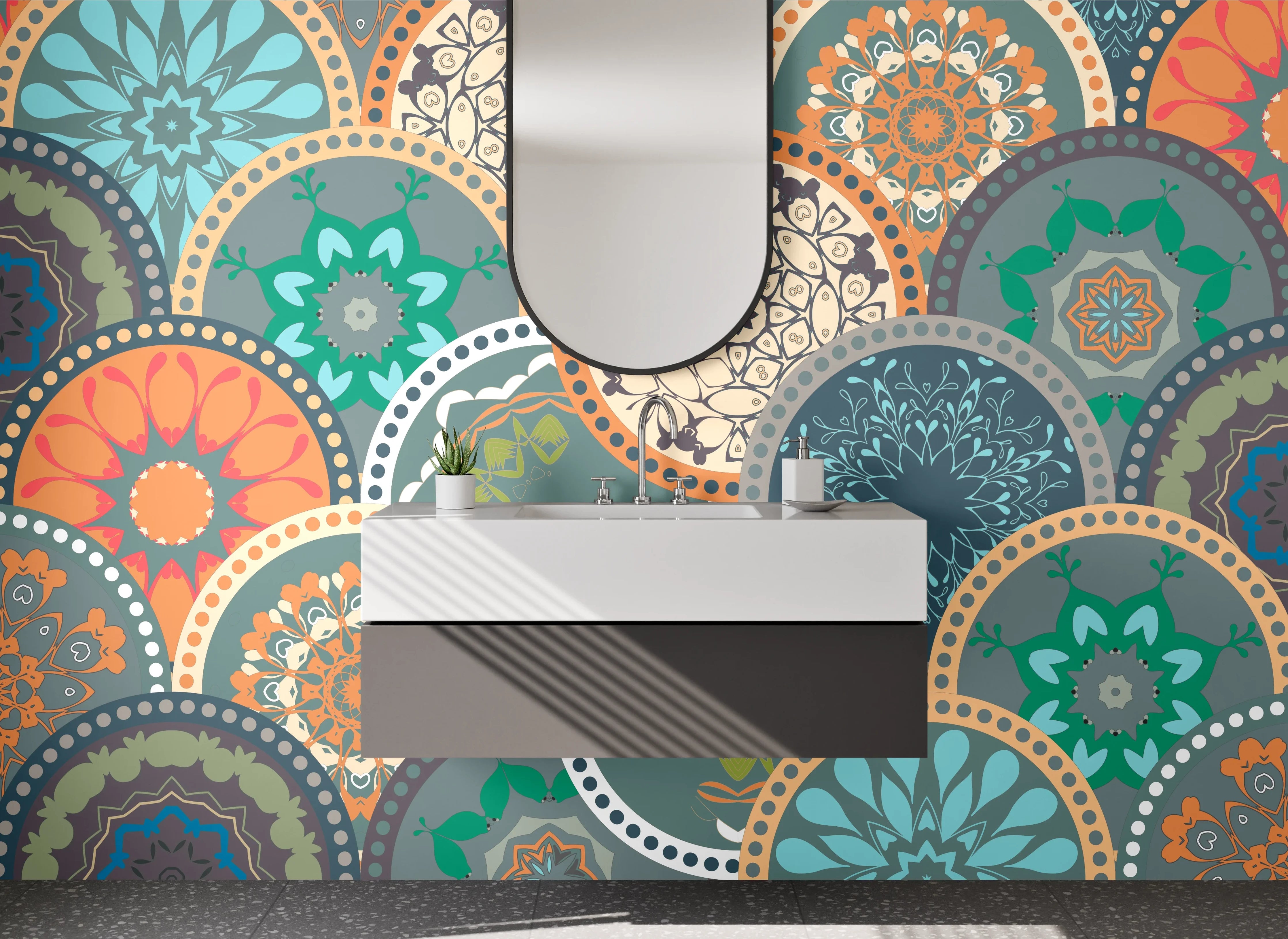 Waschbecken-Rückwand - Graues Mosaik Mandala auf Weiß
