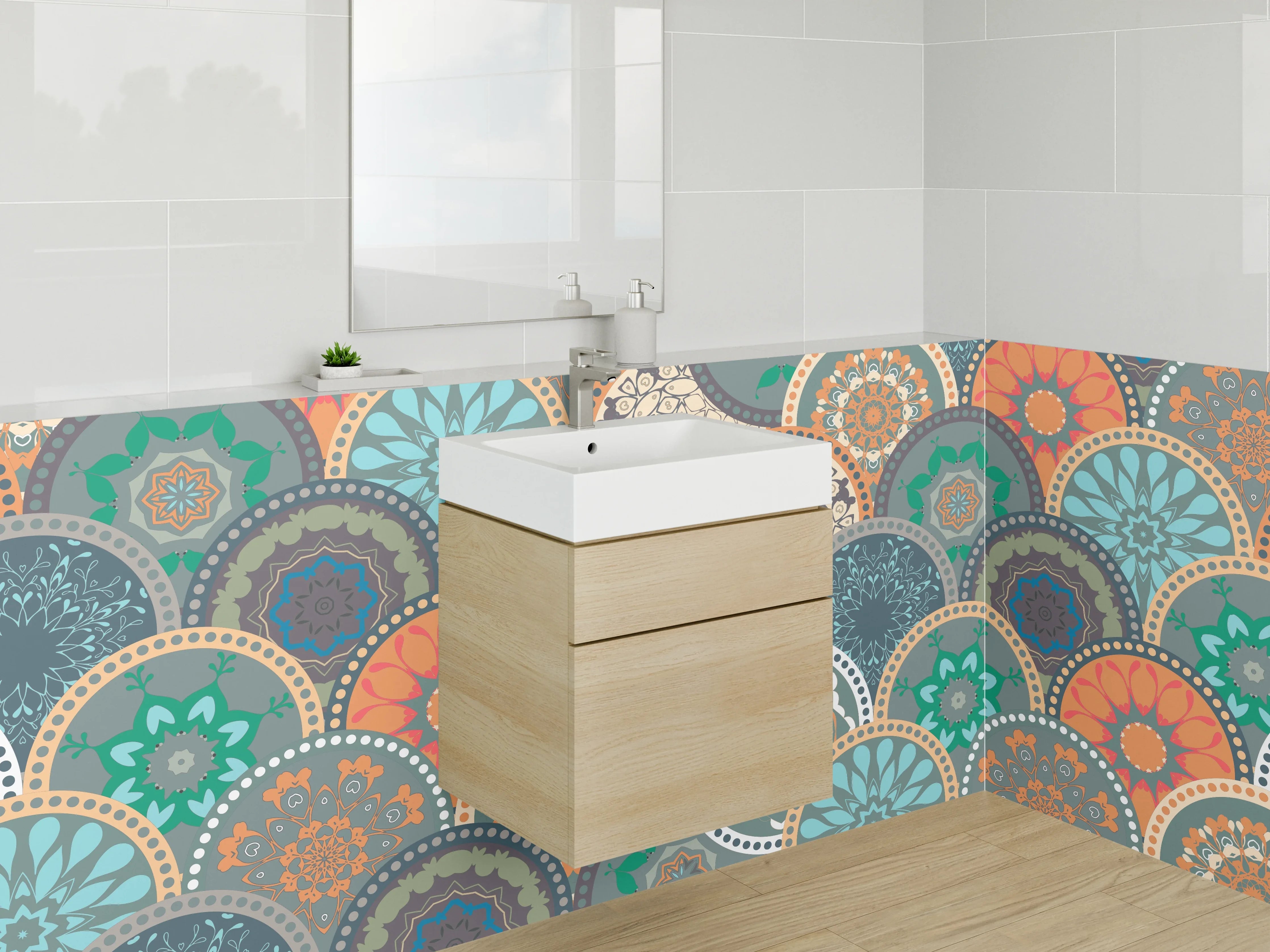 Waschbecken-Rückwand - Graues Mosaik Mandala auf Weiß