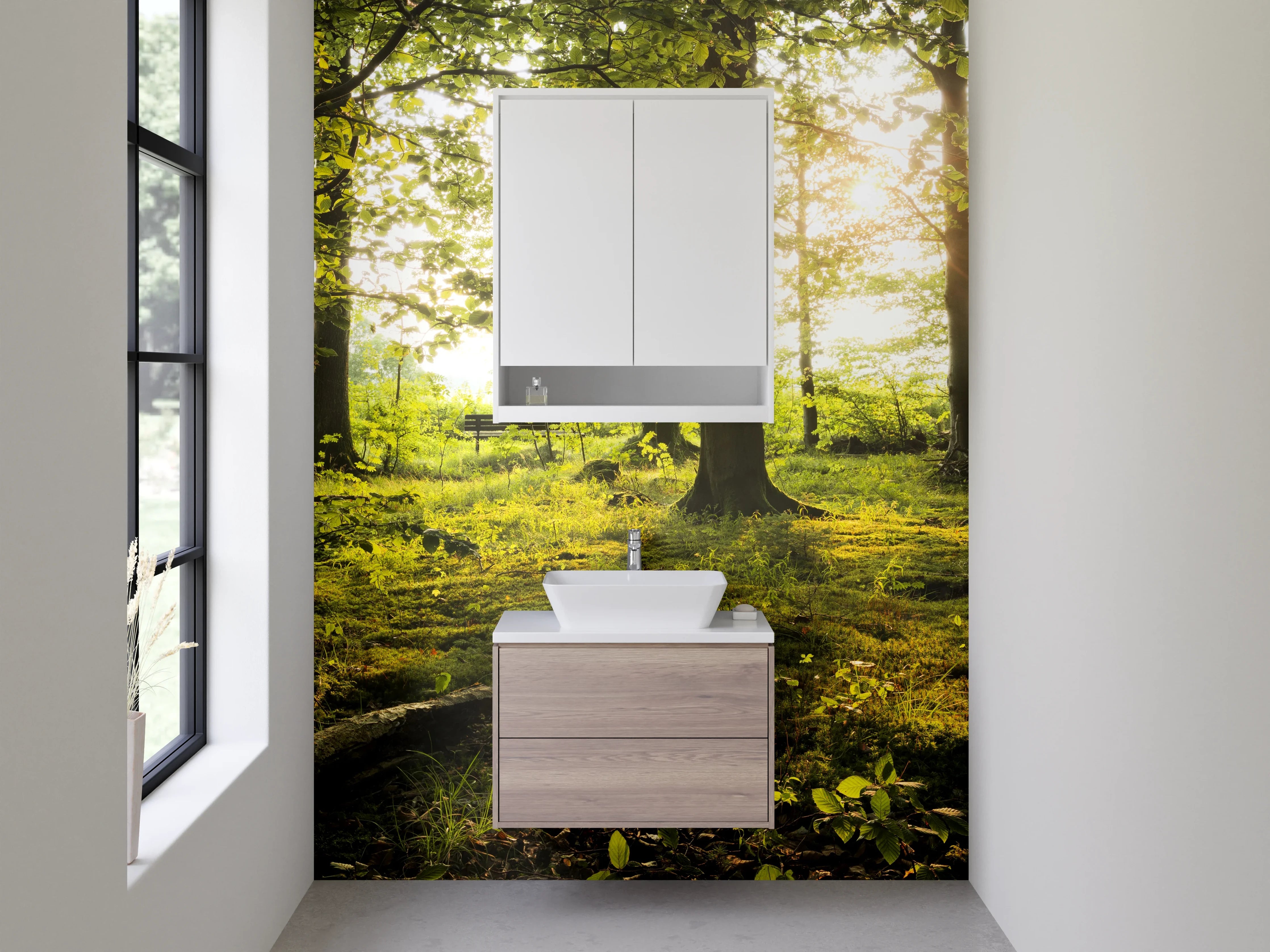 Waschbecken-Rückwand - Graues Sonnenlicht im grünen Wald