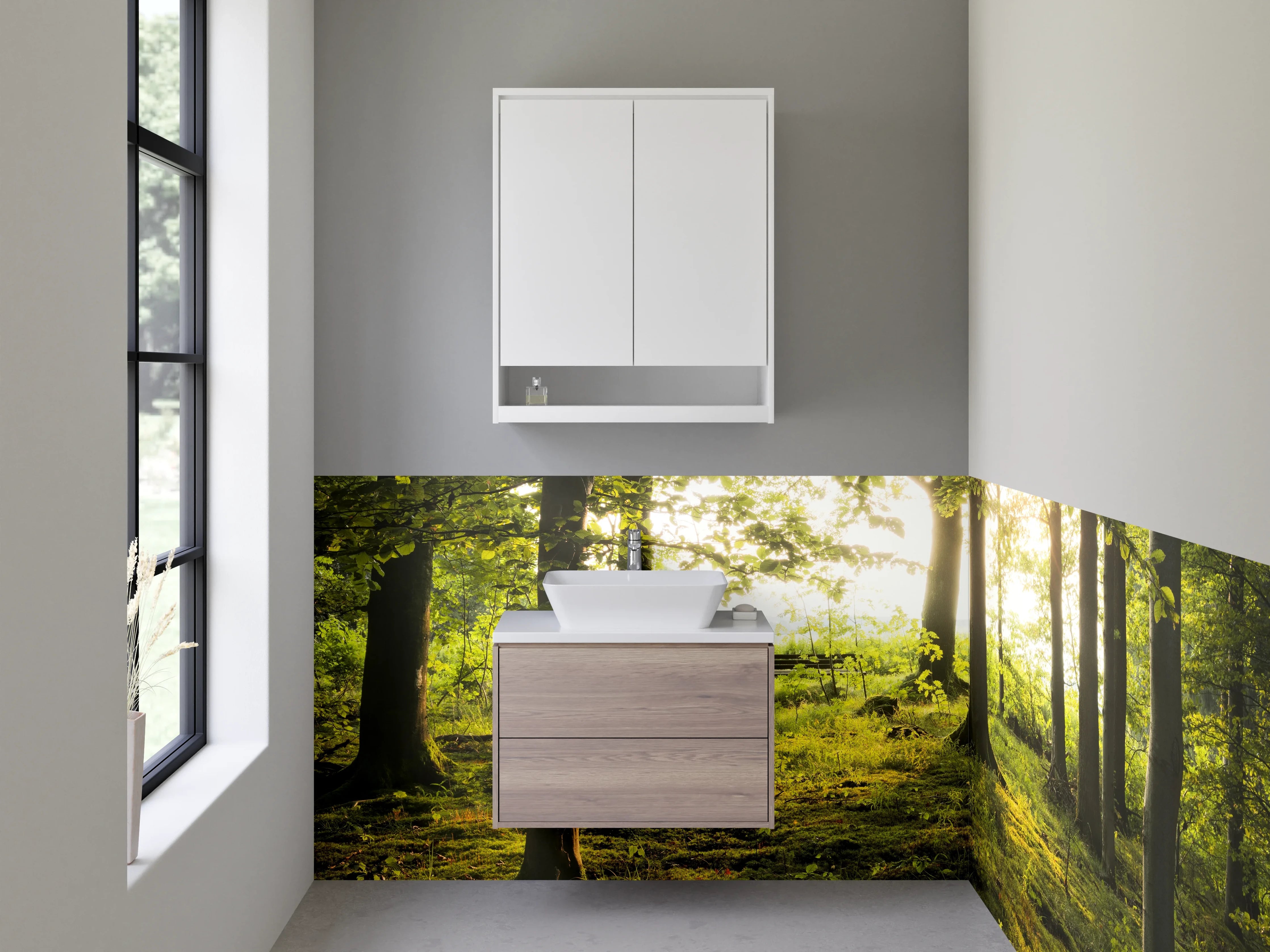 Waschbecken-Rückwand - Graues Sonnenlicht im grünen Wald