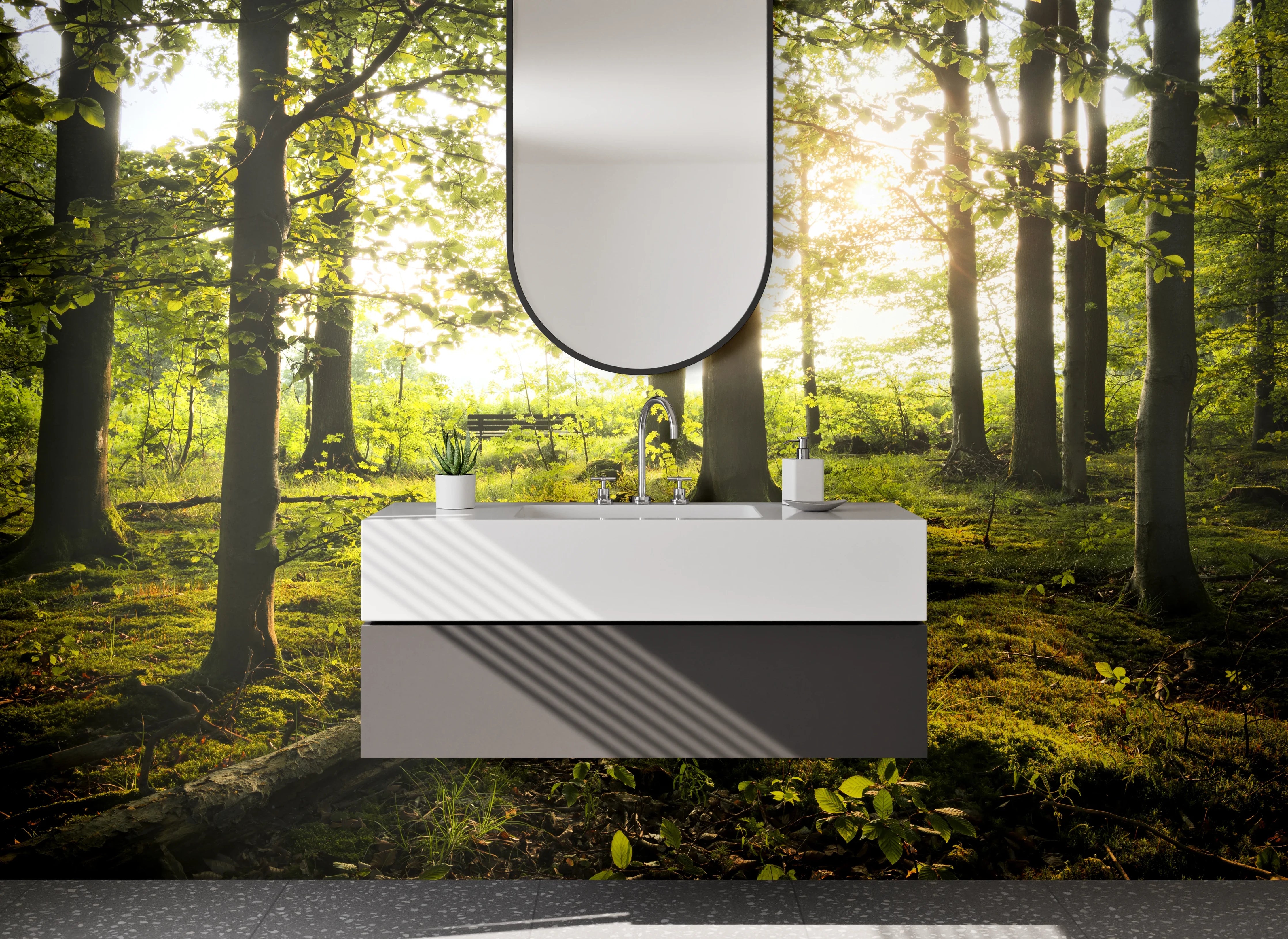 Waschbecken-Rückwand - Graues Sonnenlicht im grünen Wald