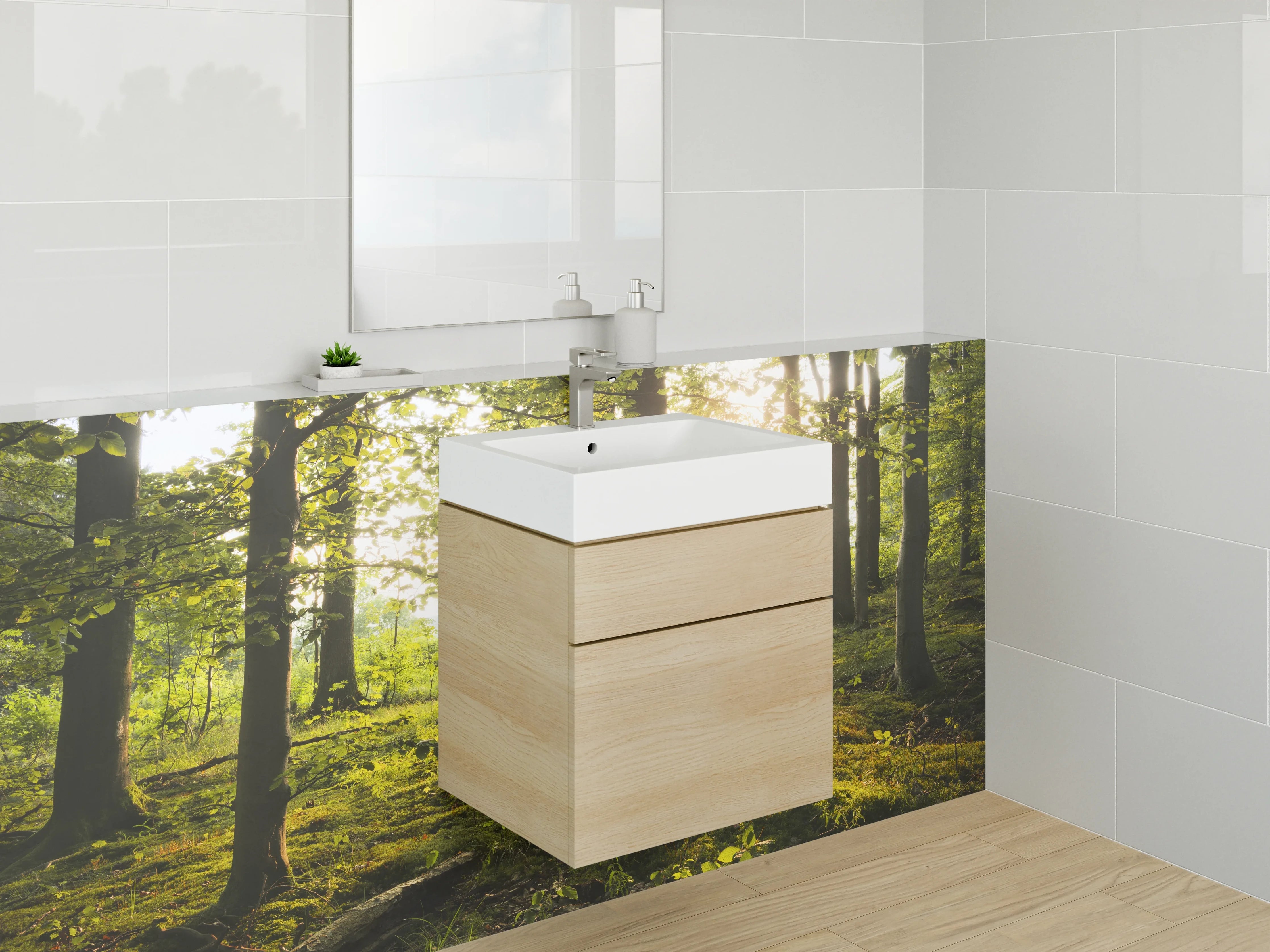 Waschbecken-Rückwand - Graues Sonnenlicht im grünen Wald