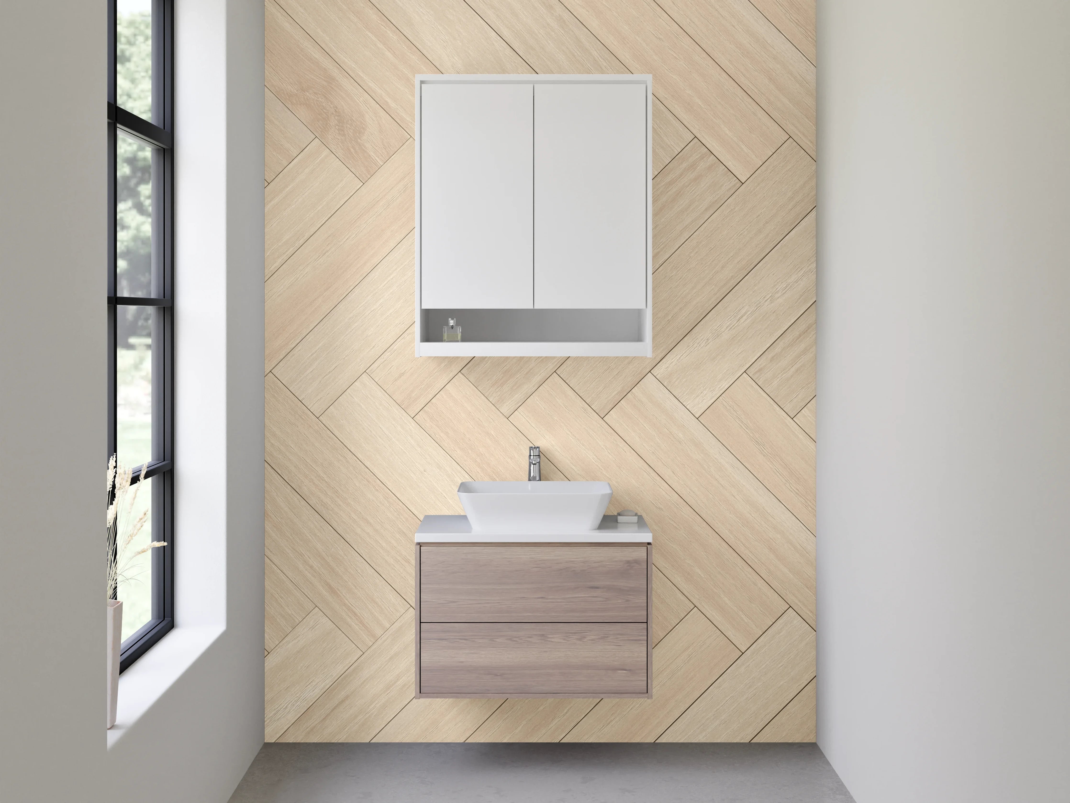 Waschbecken-Rückwand - Graugestreiftes Fischgrät-Holzdesign