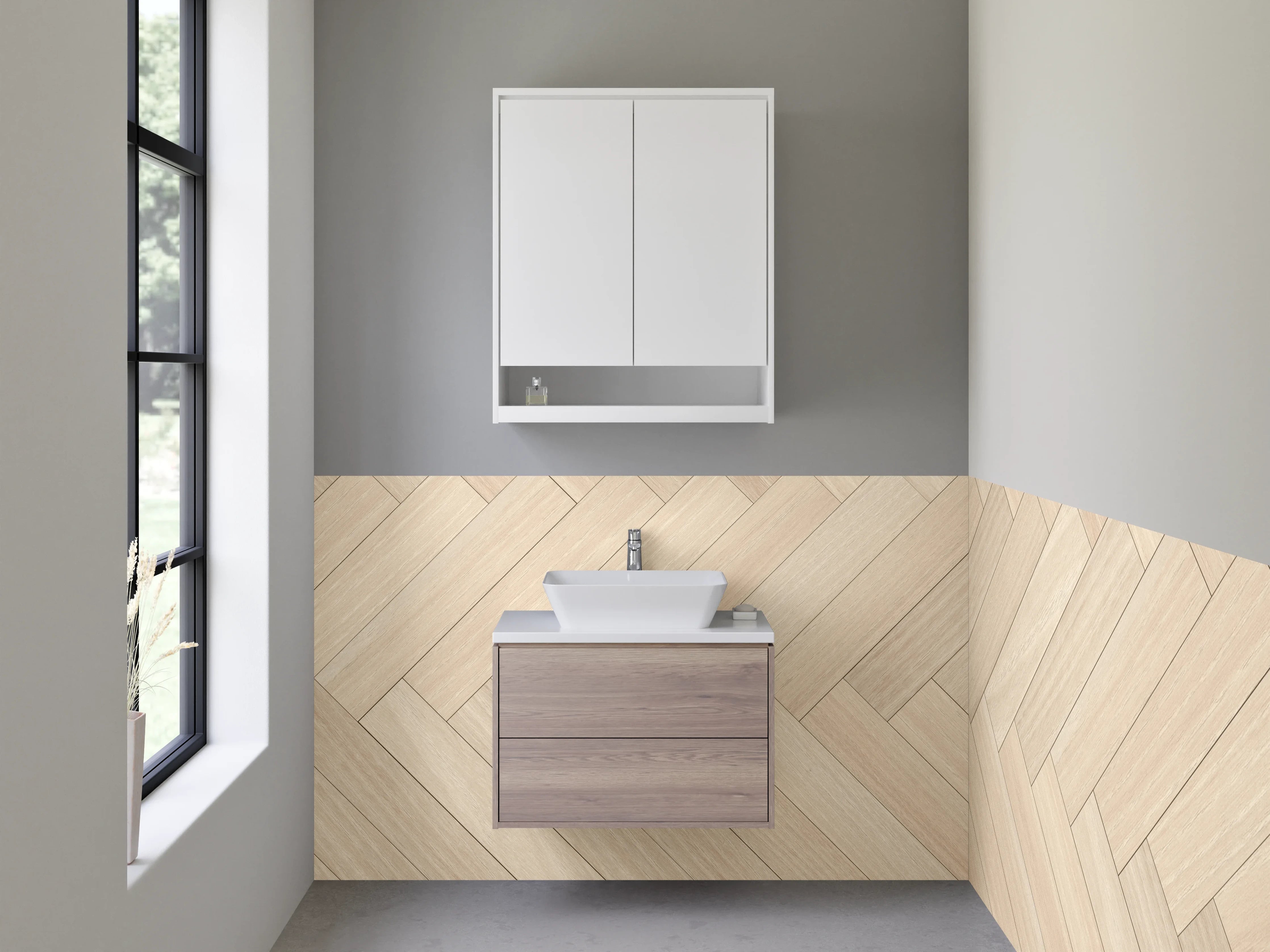 Waschbecken-Rückwand - Graugestreiftes Fischgrät-Holzdesign