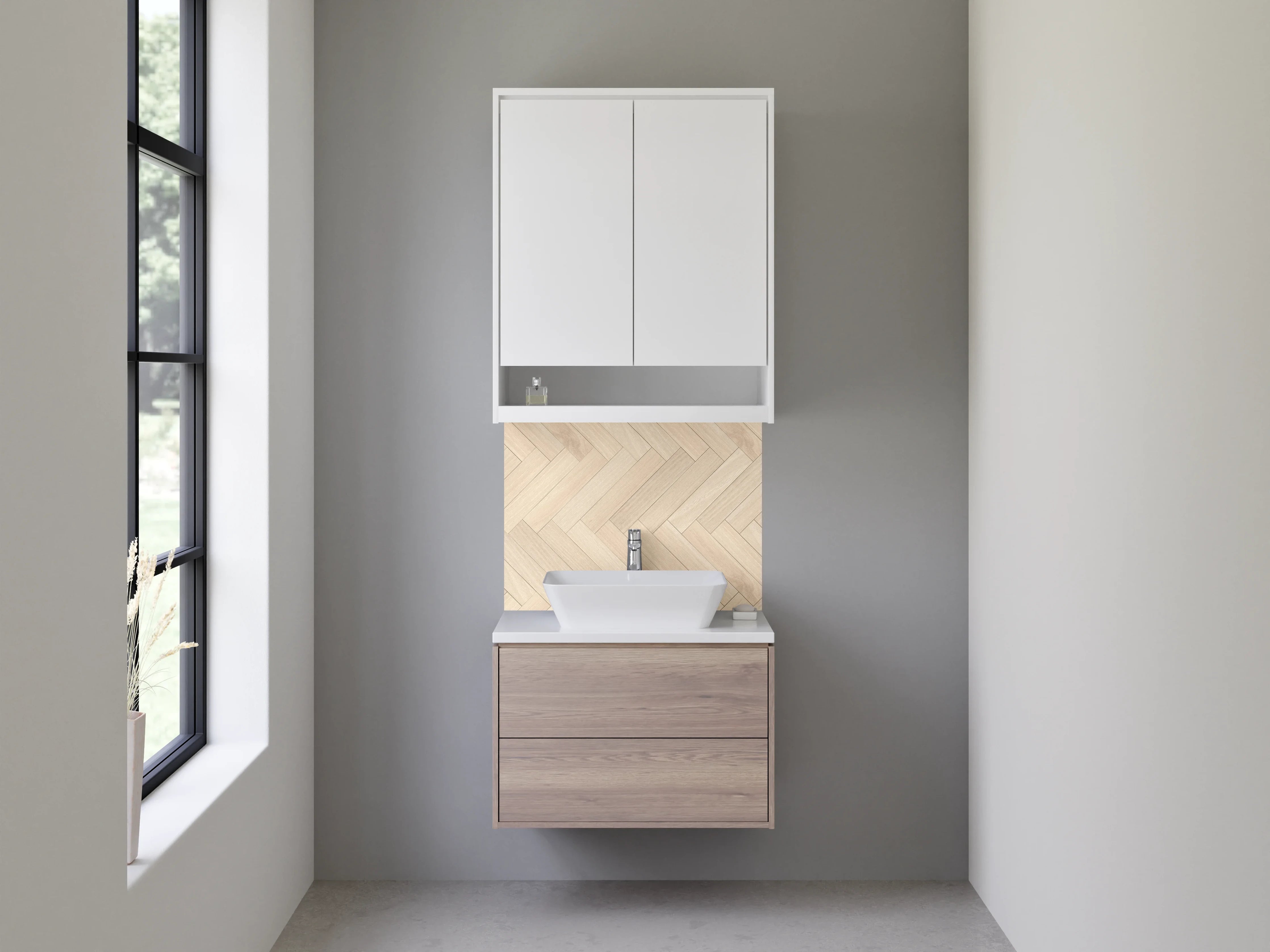 Waschbecken-Rückwand - Graugestreiftes Fischgrät-Holzdesign