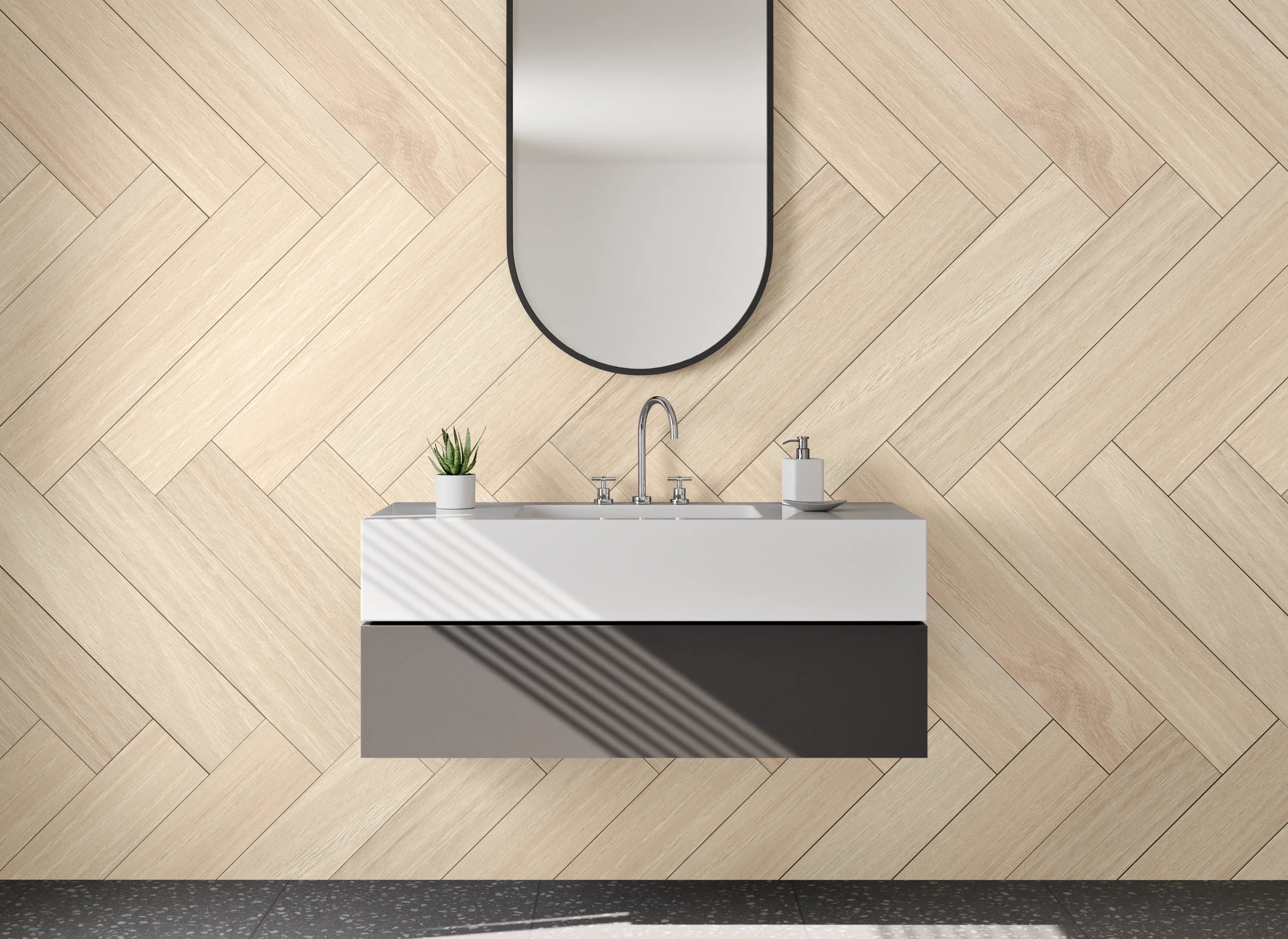 Waschbecken-Rückwand - Graugestreiftes Fischgrät-Holzdesign