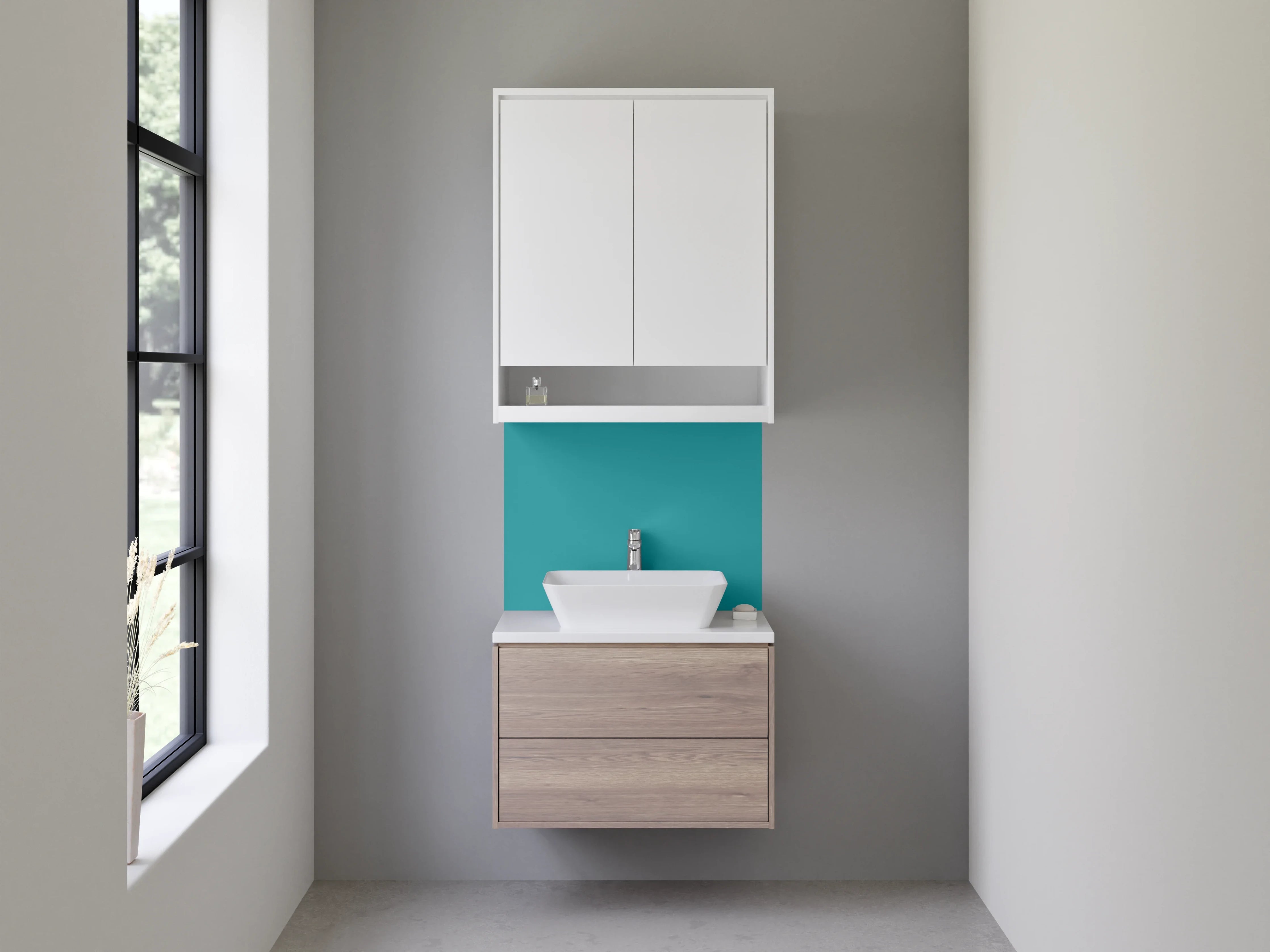 Waschbecken-Rückwand - Graugrüner Nebel auf Weiß