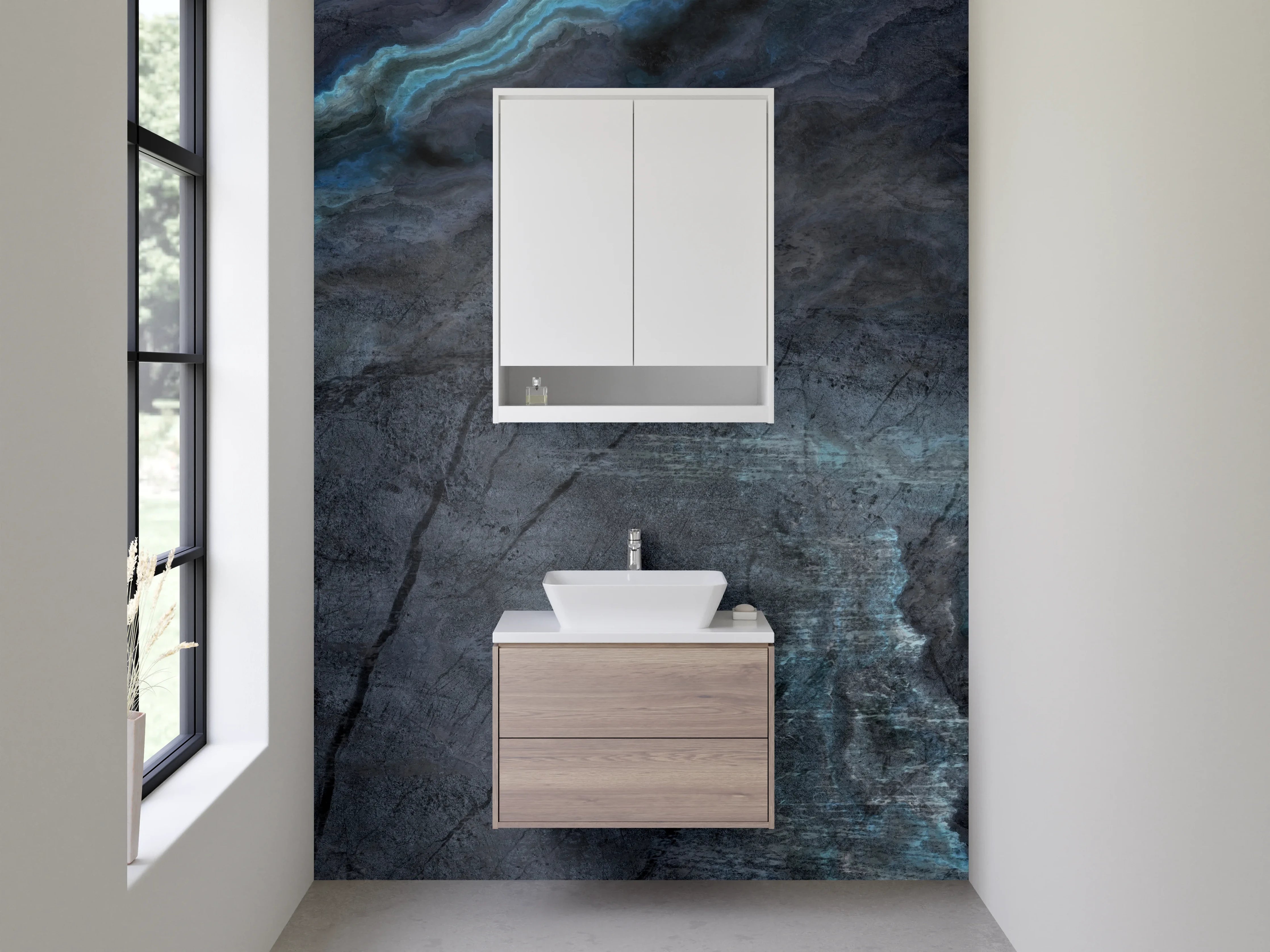 Waschbecken-Rückwand - Graumarmor mit blauen und weißen Akzenten