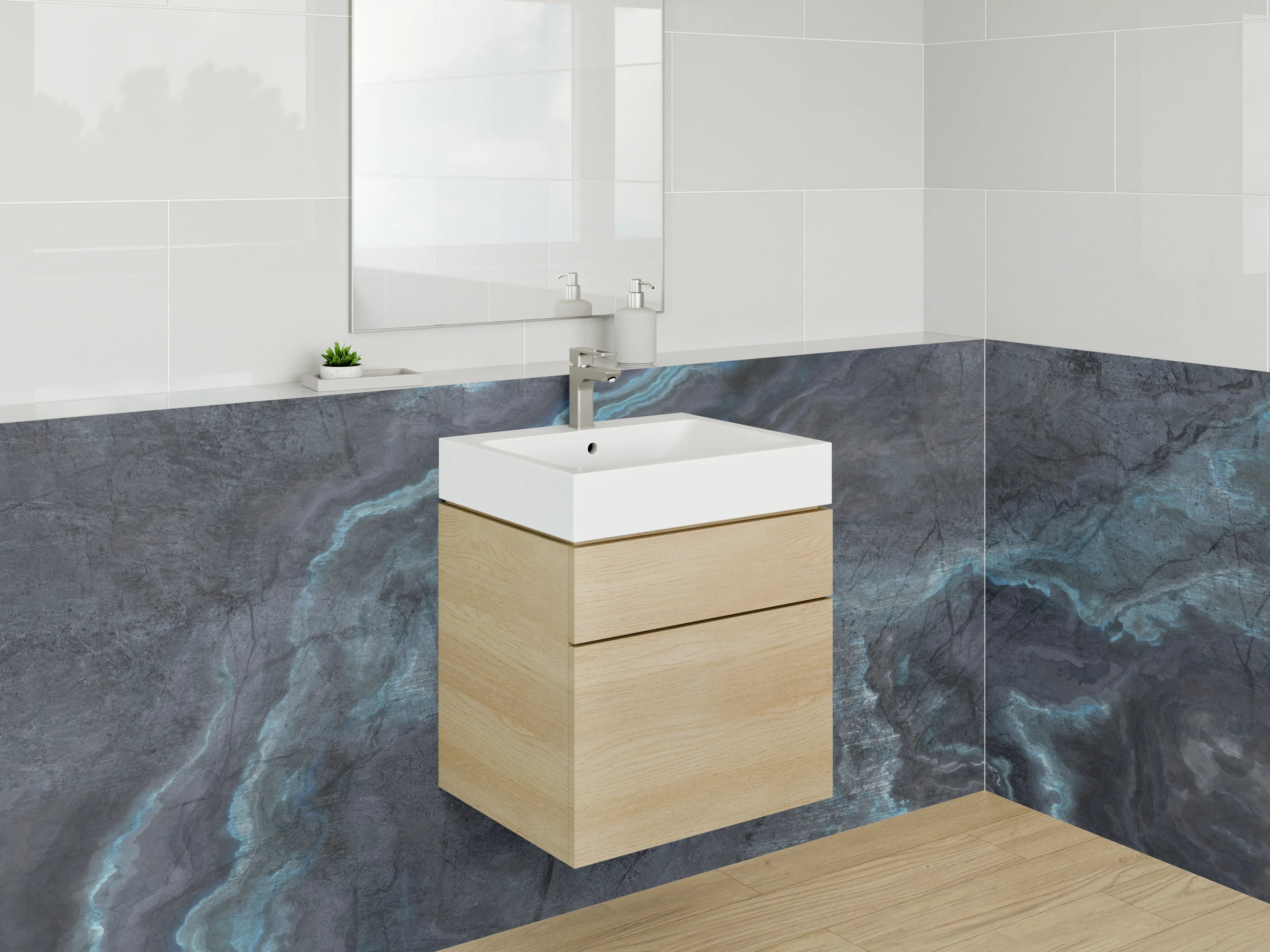Waschbecken-Rückwand - Graumarmor mit blauen und weißen Akzenten