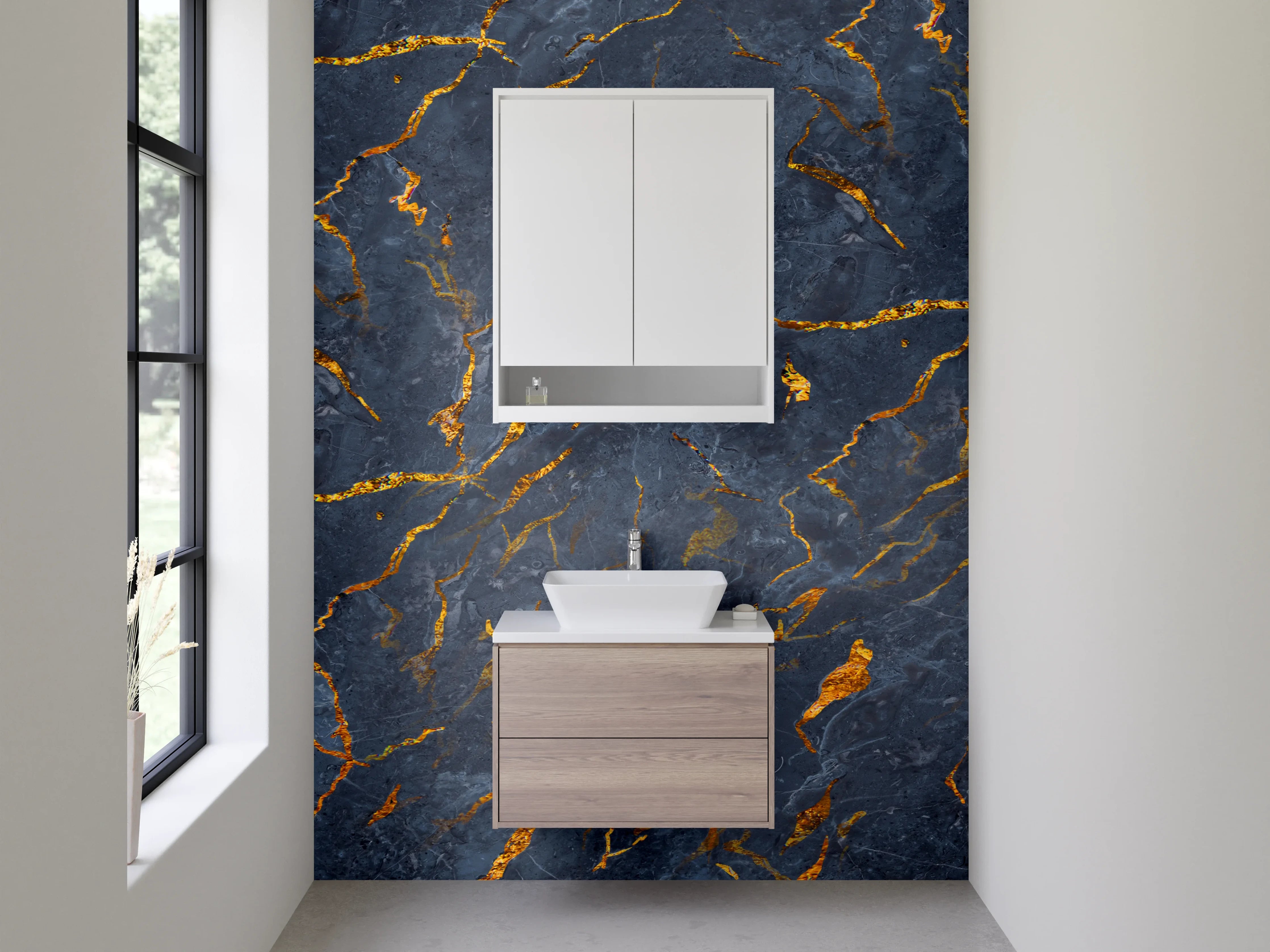 Waschbecken-Rückwand - Grauschimmer auf weiß-goldenem Stein