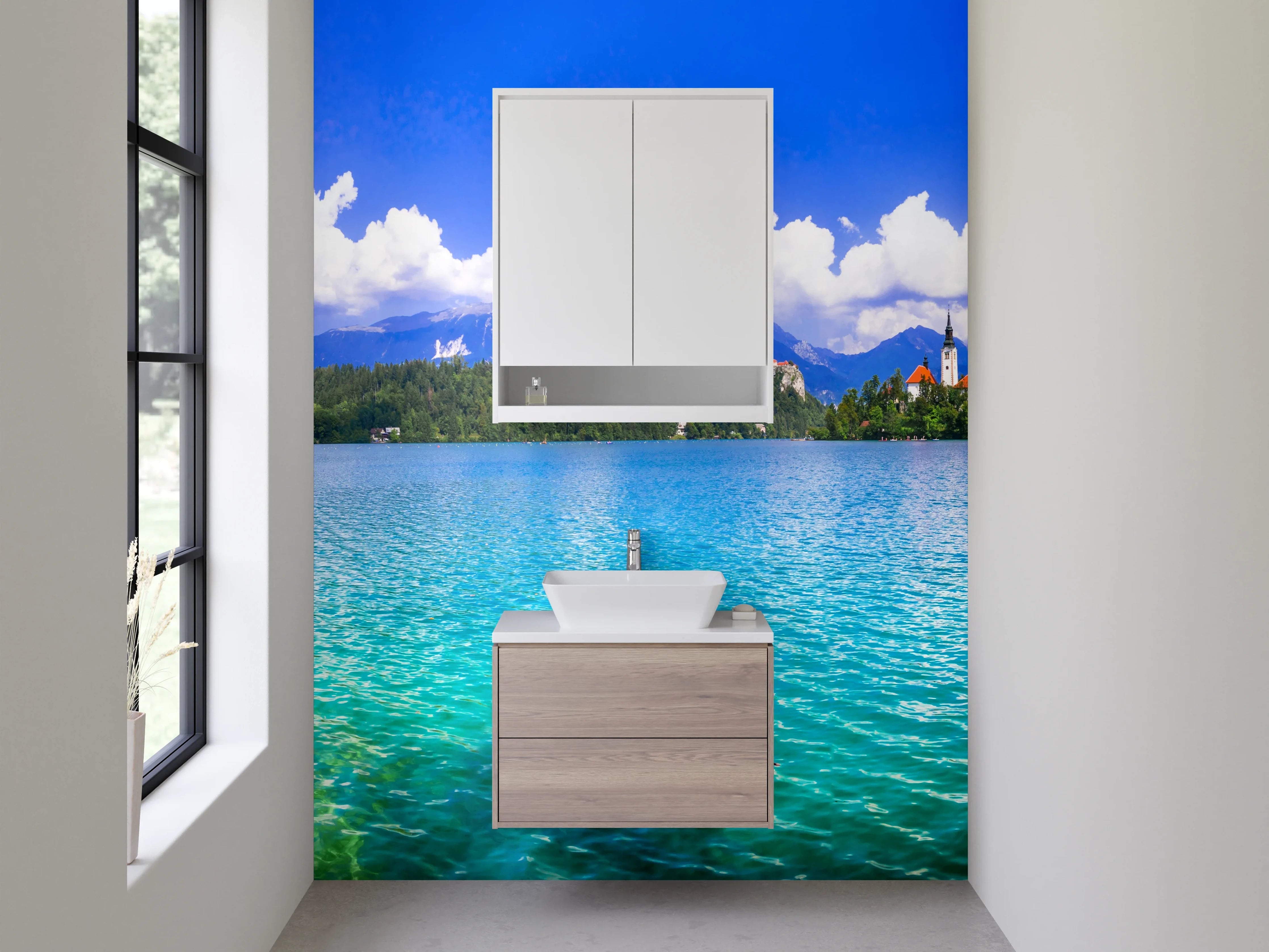 Waschbecken-Rückwand - Grauschimmer über See und Gipfeln