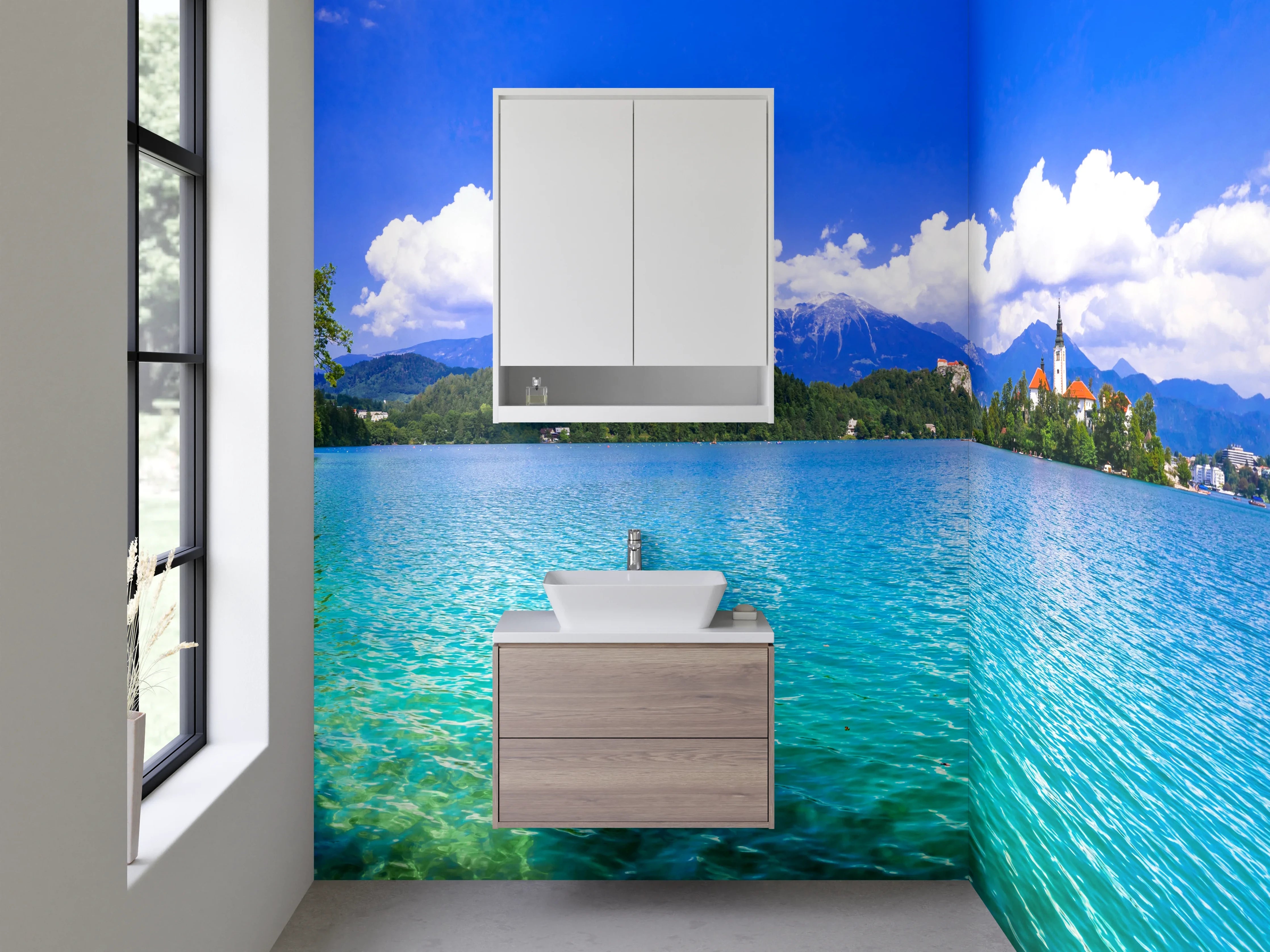 Waschbecken-Rückwand - Grauschimmer über See und Gipfeln