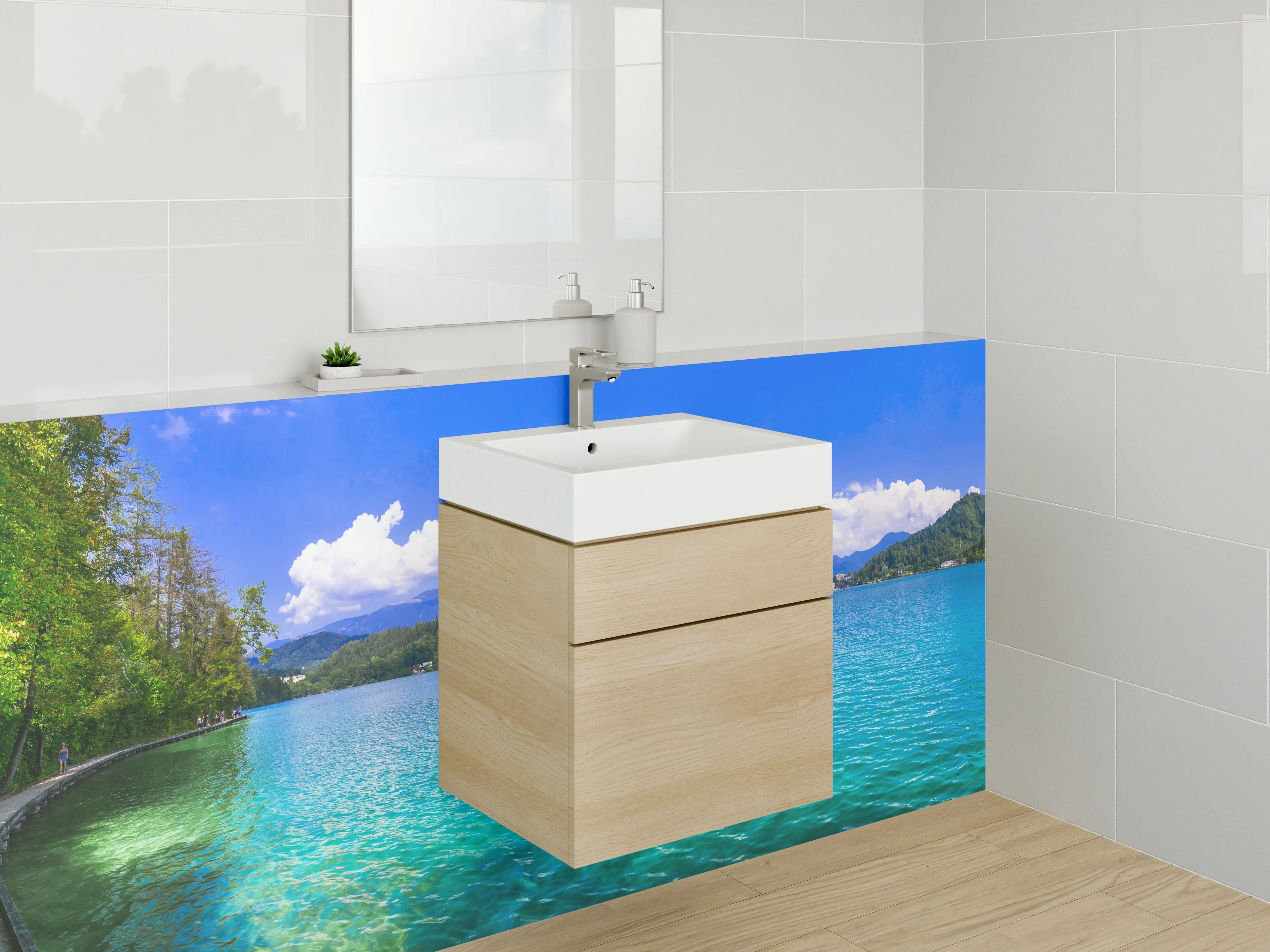 Waschbecken-Rückwand - Grauschimmer über See und Gipfeln