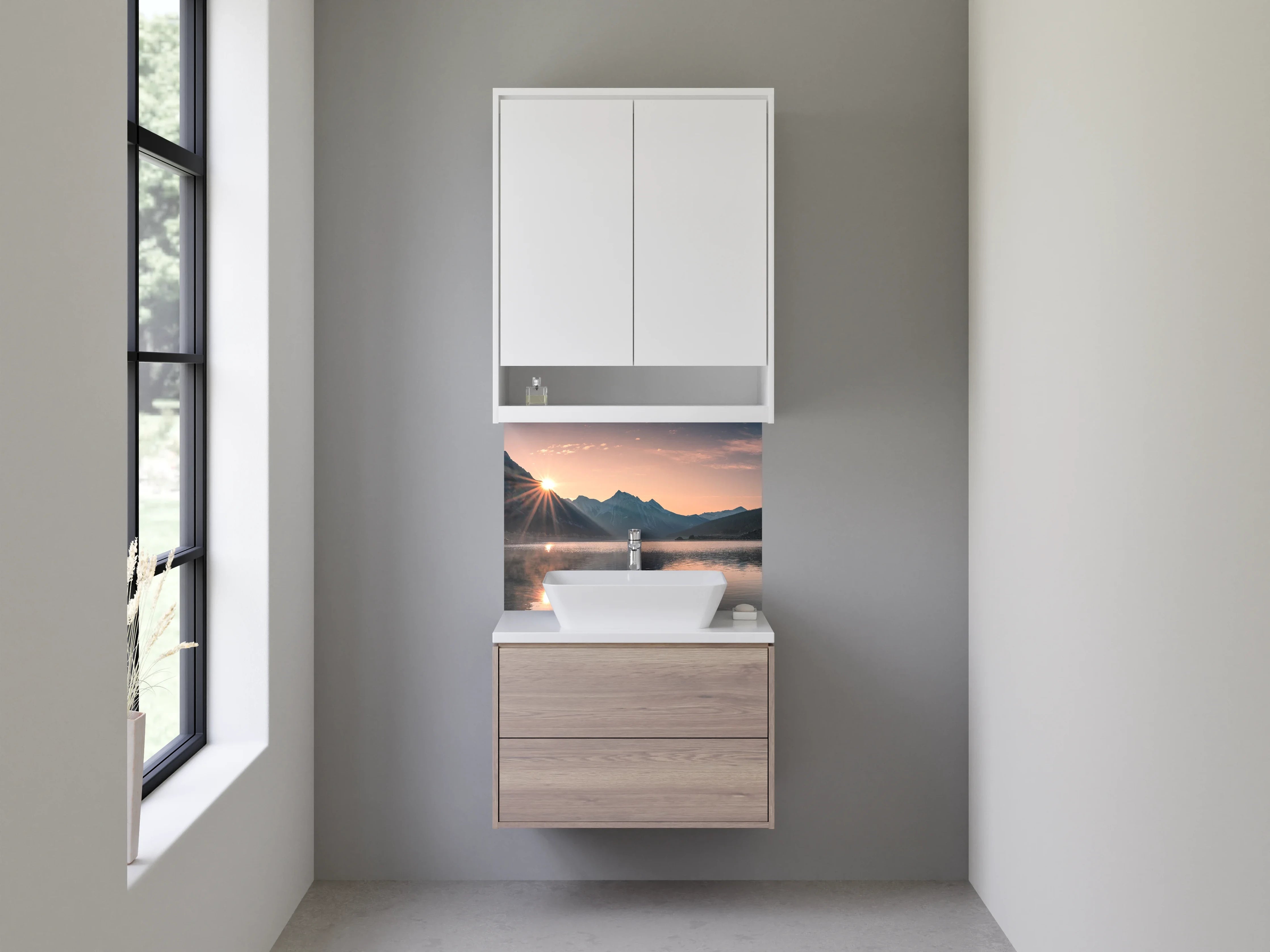 Waschbecken-Rückwand - Grauschimmer über stiller Seeweiße