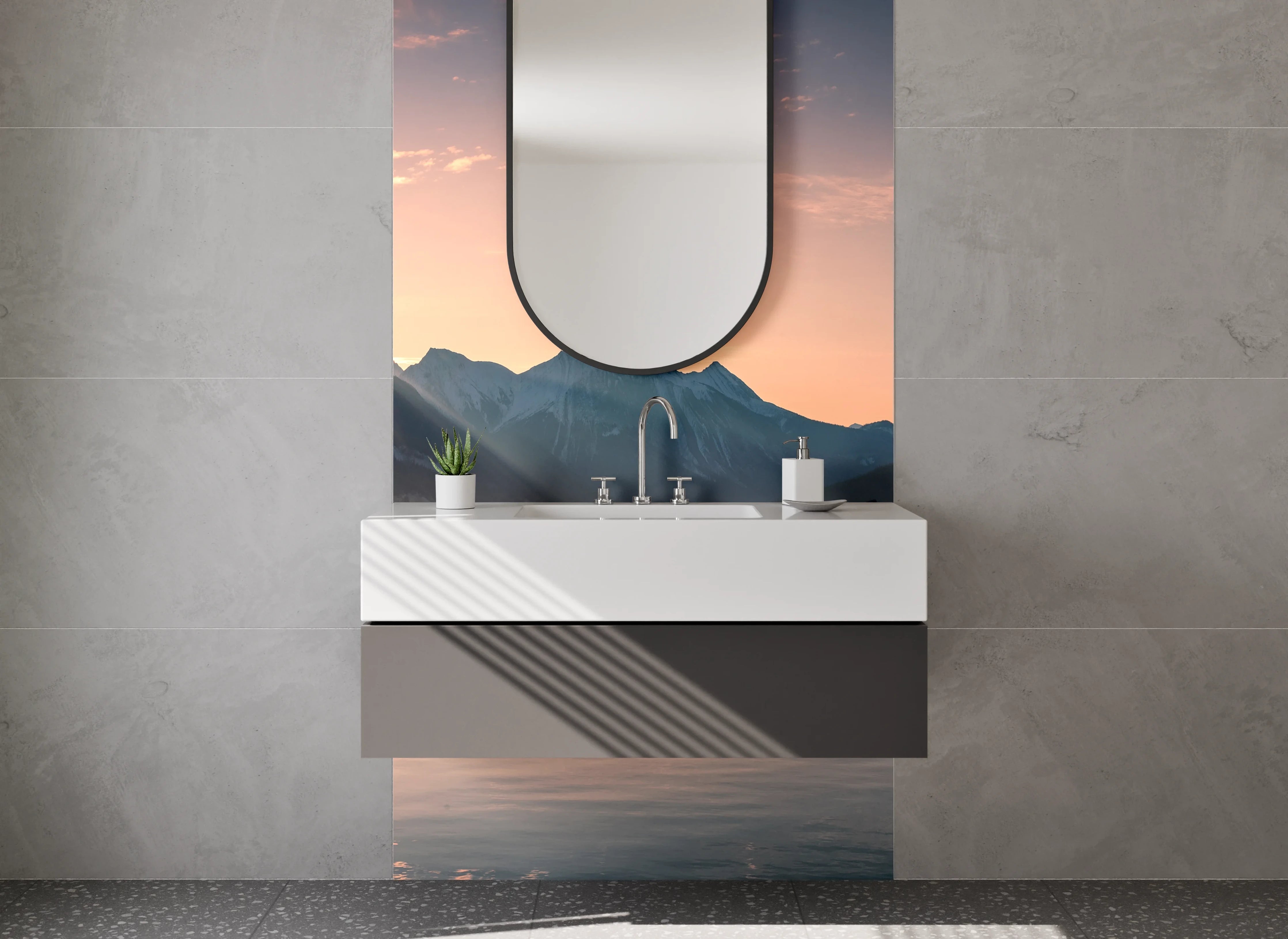 Waschbecken-Rückwand - Grauschimmer über stiller Seeweiße