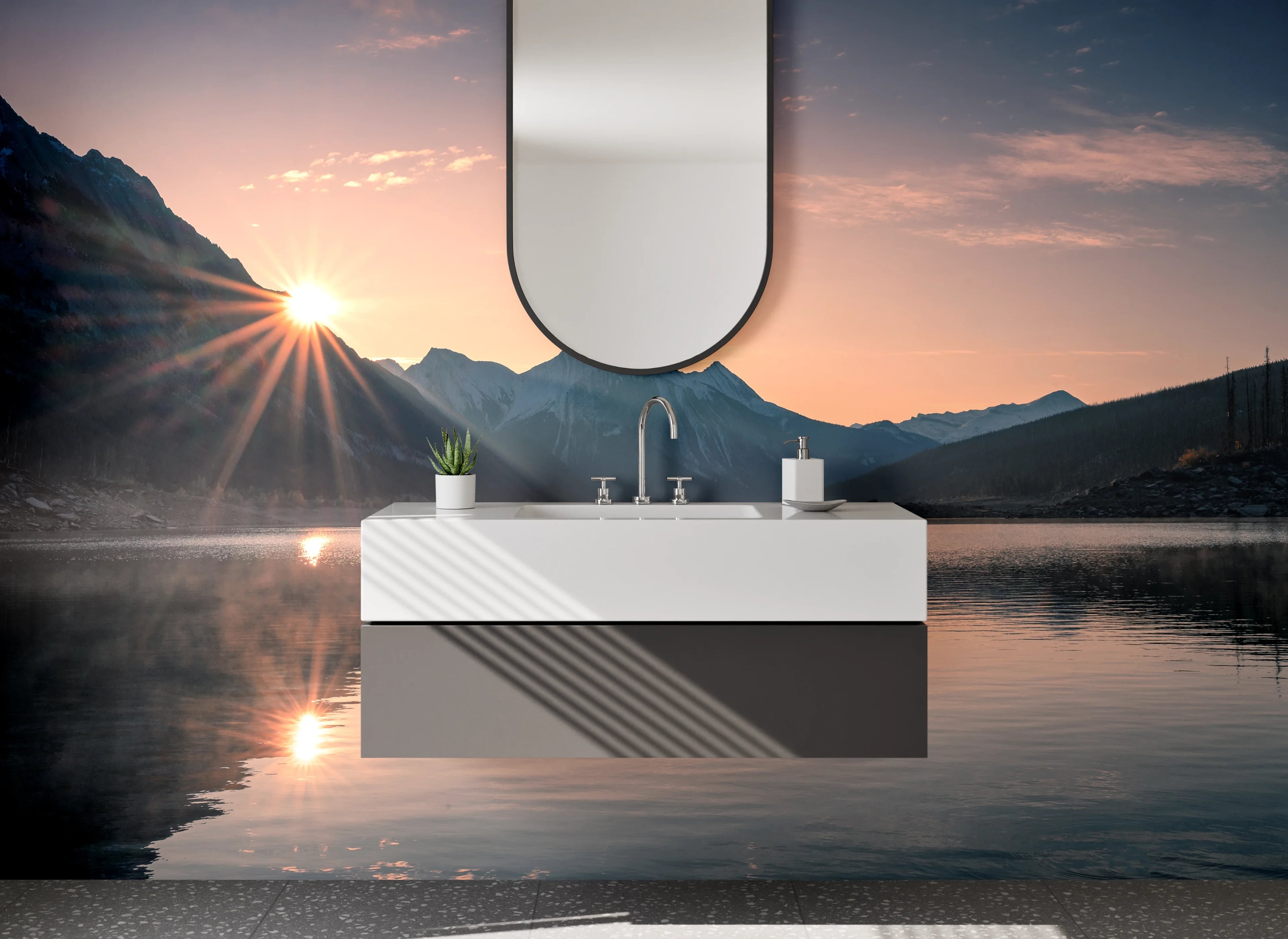 Waschbecken-Rückwand - Grauschimmer über stiller Seeweiße