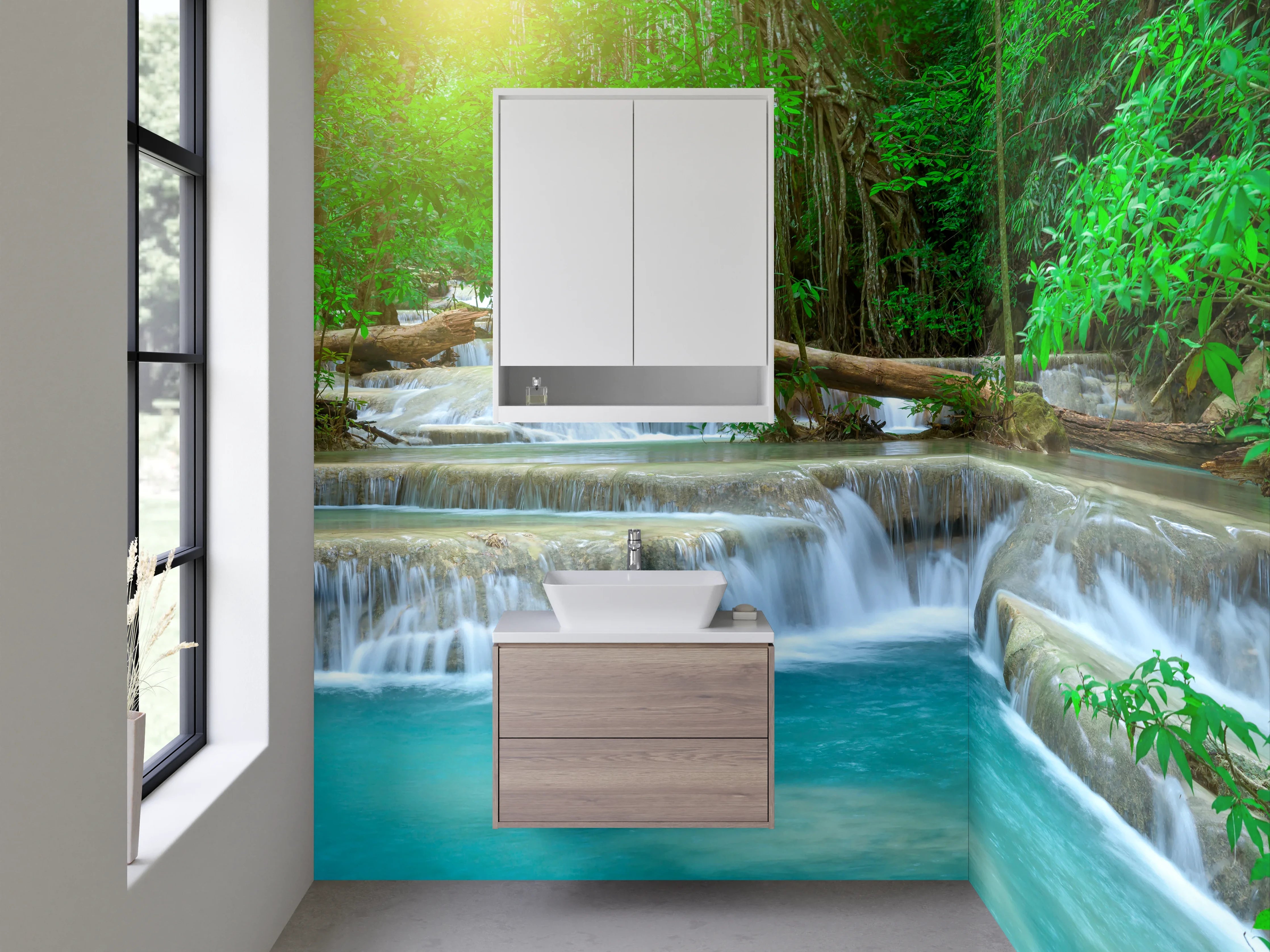 Waschbecken-Rückwand - Grauschimmer über weißem Dschungelwasserfall