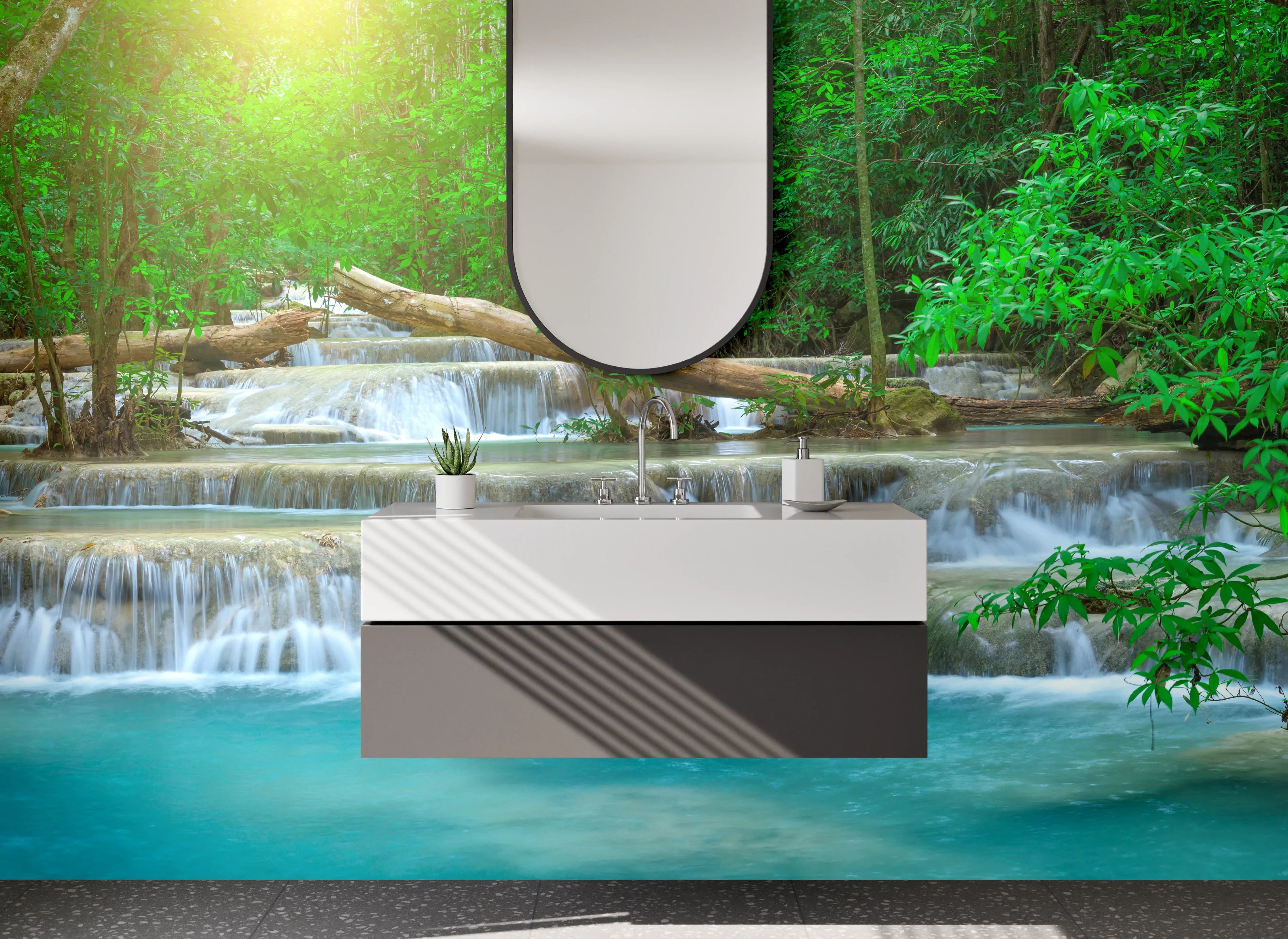 Waschbecken-Rückwand - Grauschimmer über weißem Dschungelwasserfall