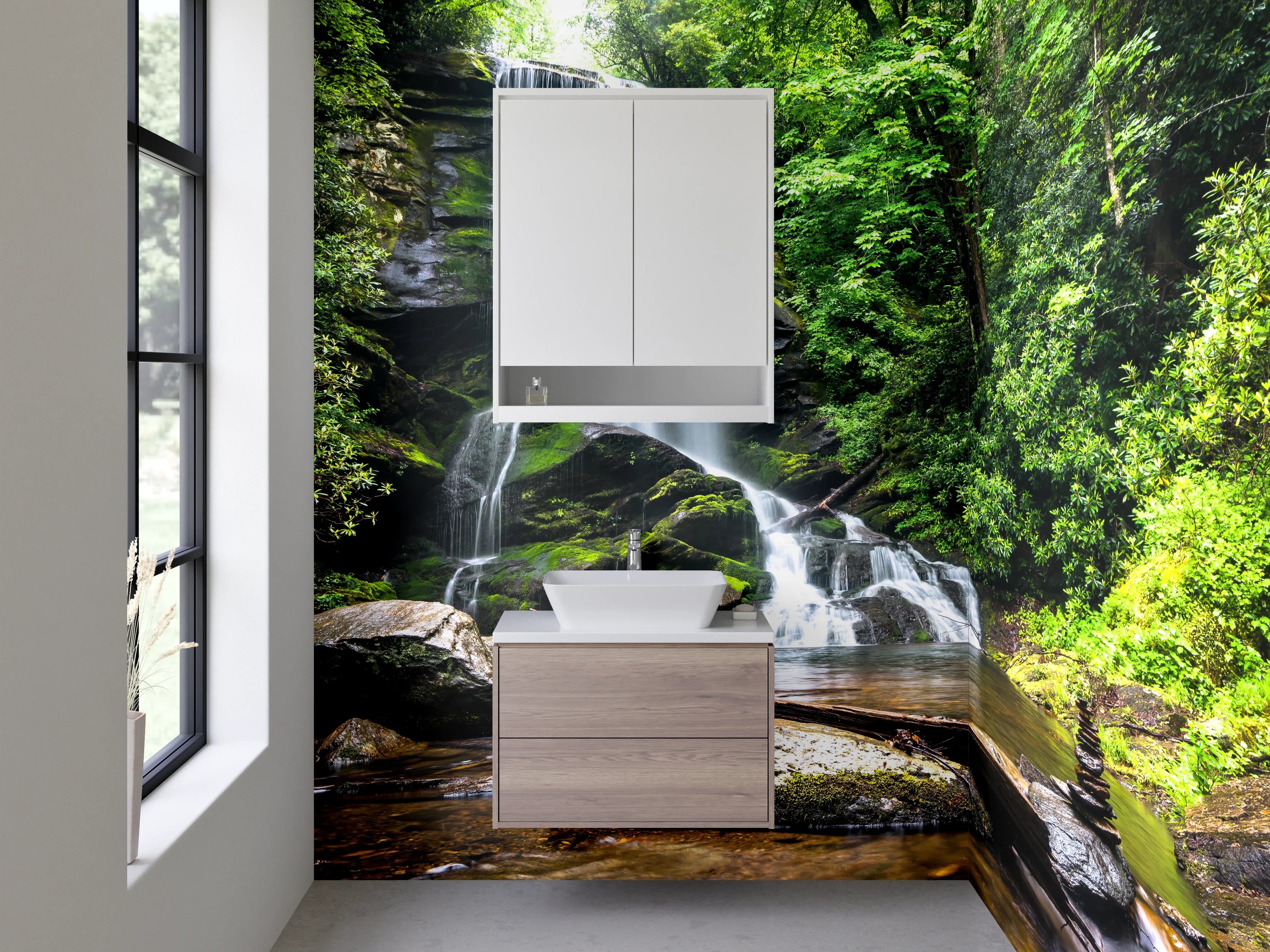 Waschbecken-Rückwand - Grauschimmer über weißem Waldbach