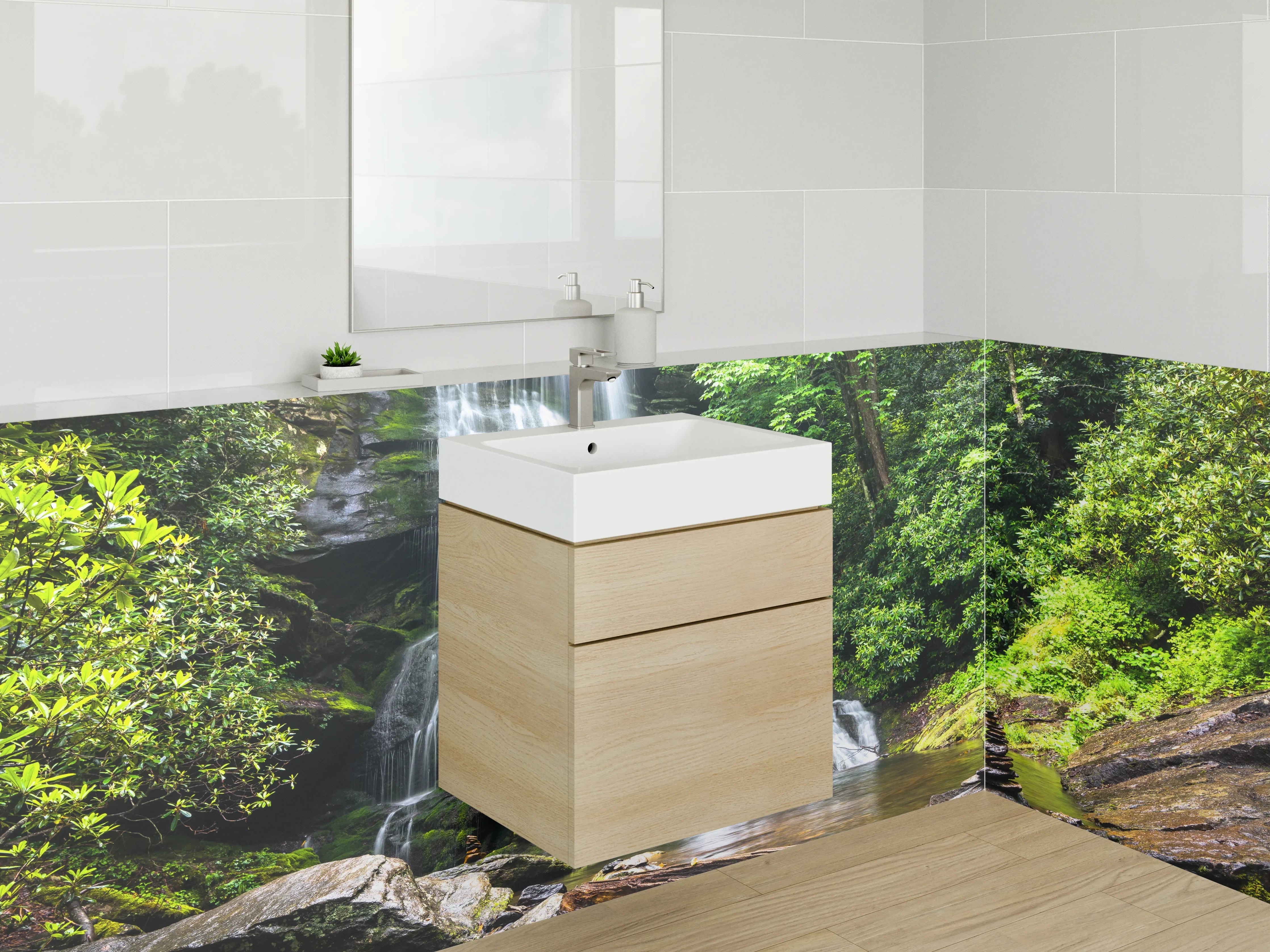 Waschbecken-Rückwand - Grauschimmer über weißem Waldbach