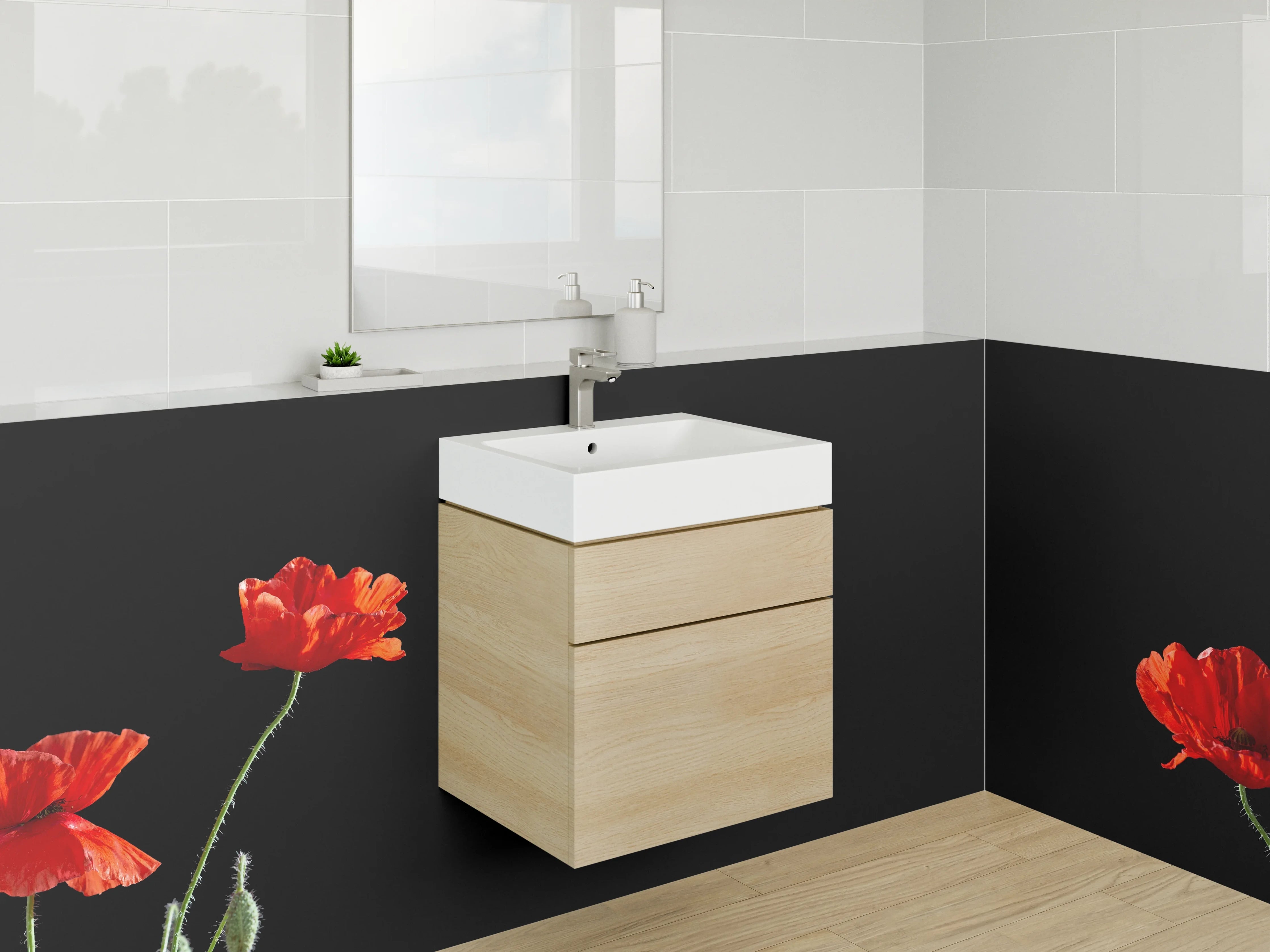 Waschbecken-Rückwand - Grauschimmernde Blüten vor dunklem Grund