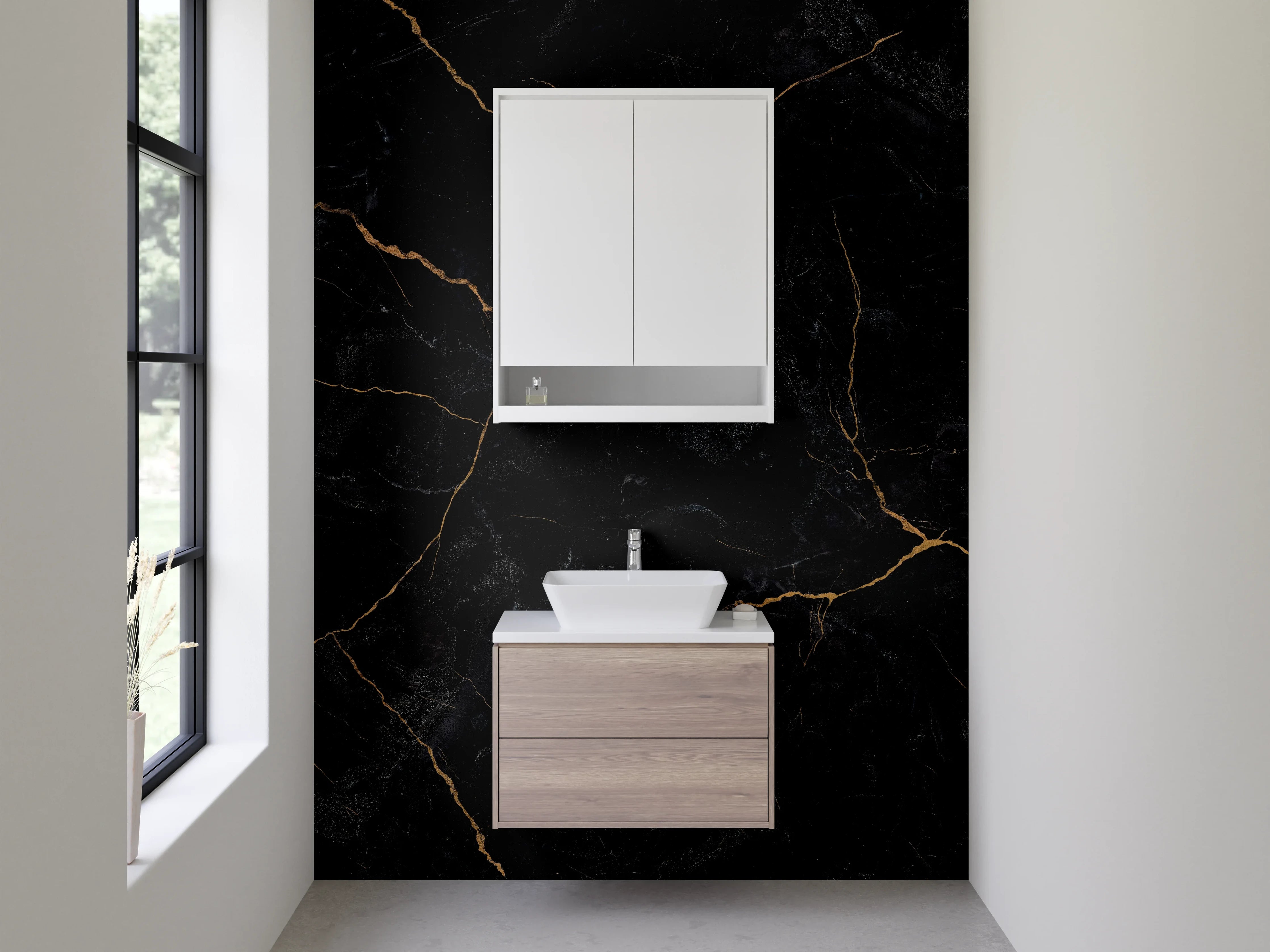 Waschbecken-Rückwand - Grauschimmernde Eleganz mit goldenen Linien