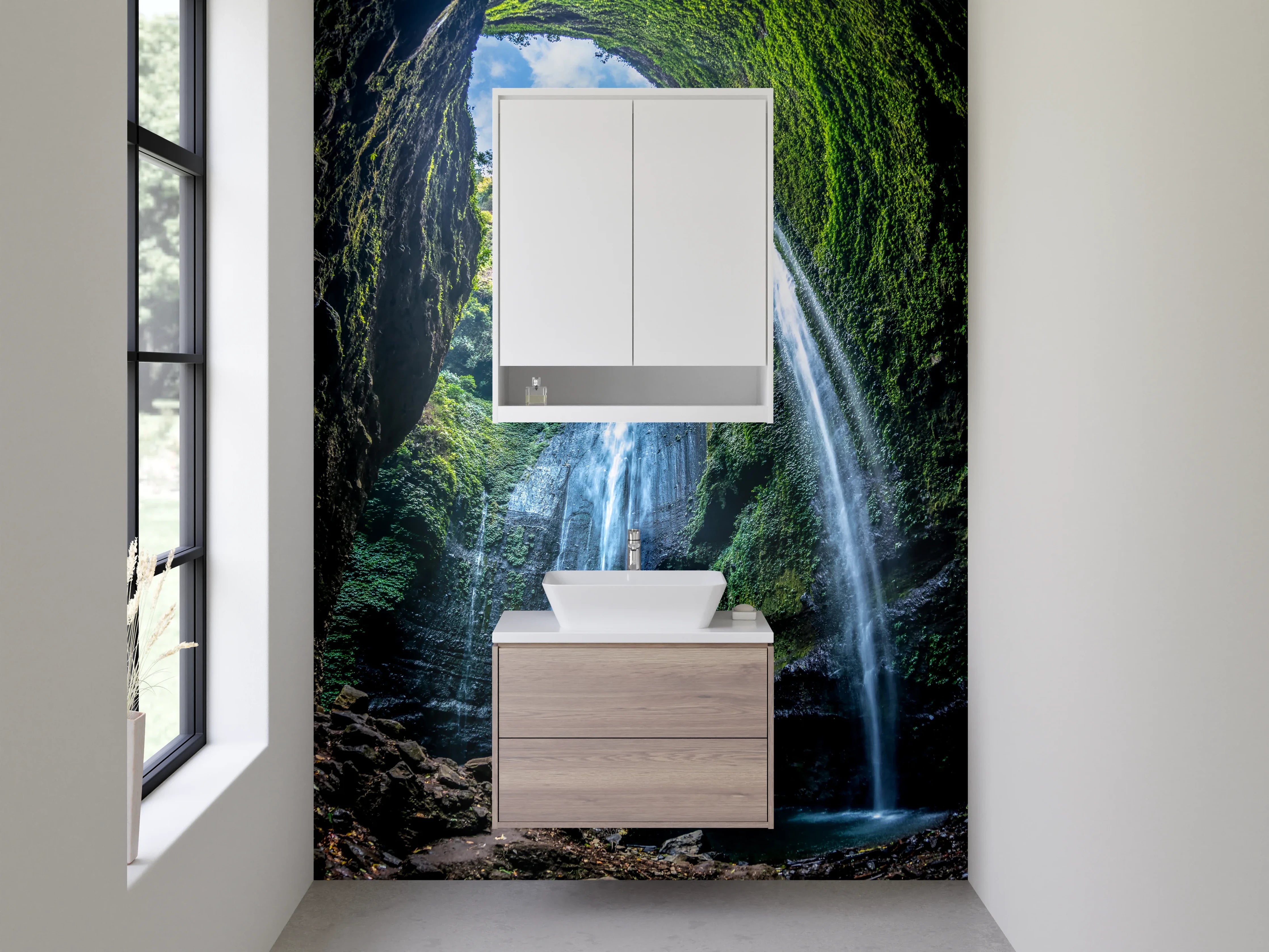 Waschbecken-Rückwand - Grauschimmernde Kaskaden im weißen Dschungel