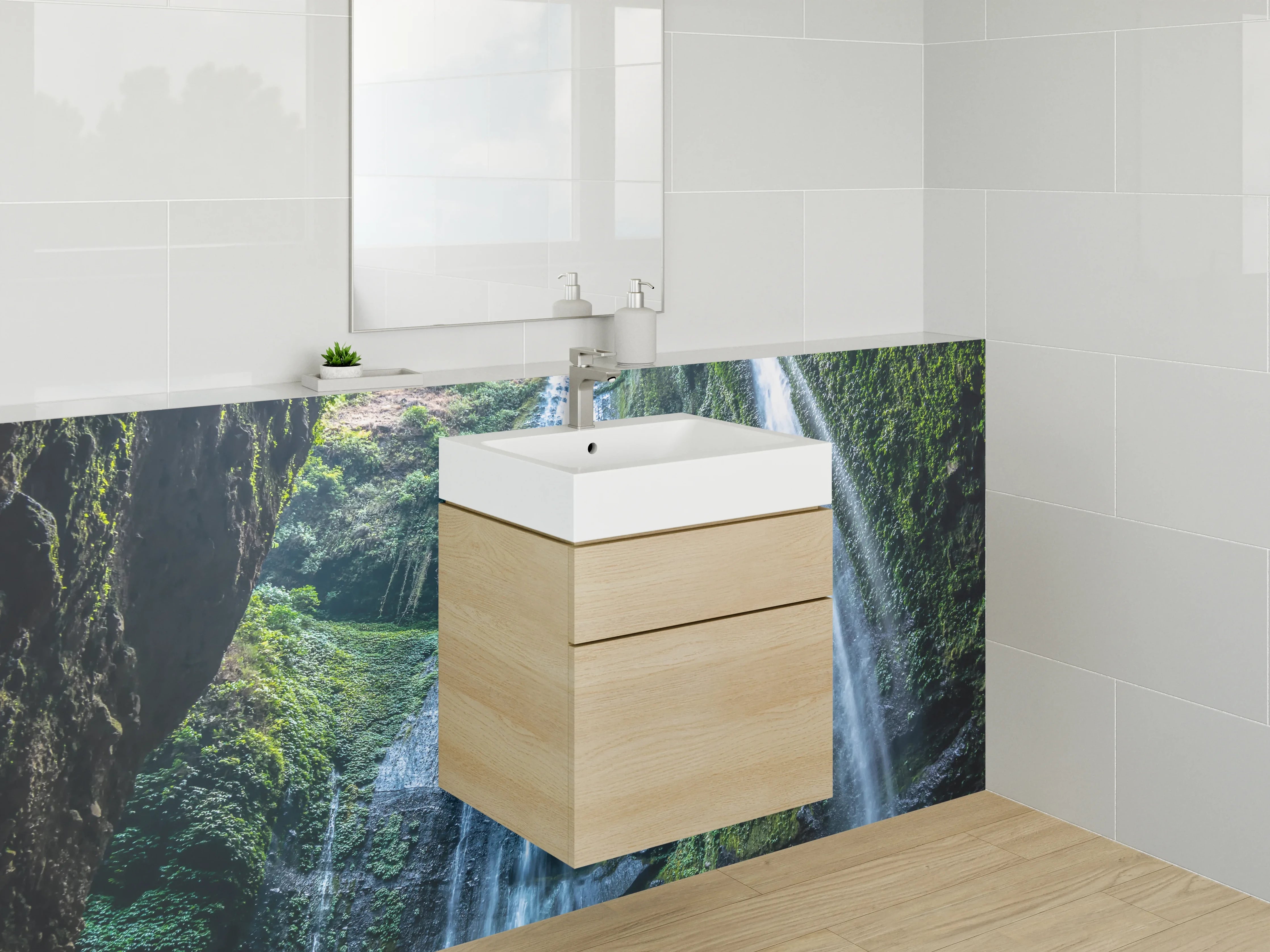 Waschbecken-Rückwand - Grauschimmernde Kaskaden im weißen Dschungel