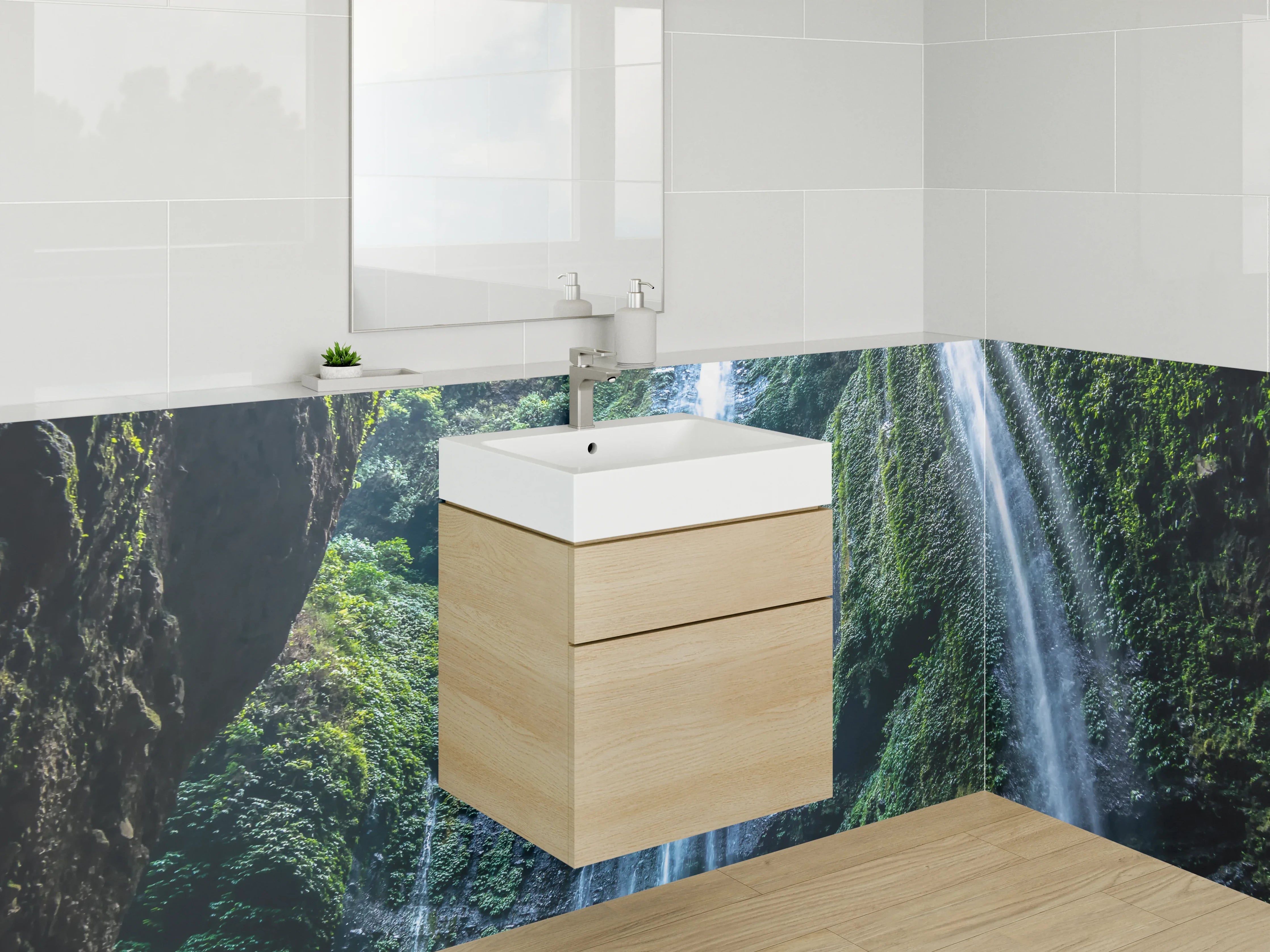Waschbecken-Rückwand - Grauschimmernde Kaskaden im weißen Dschungel