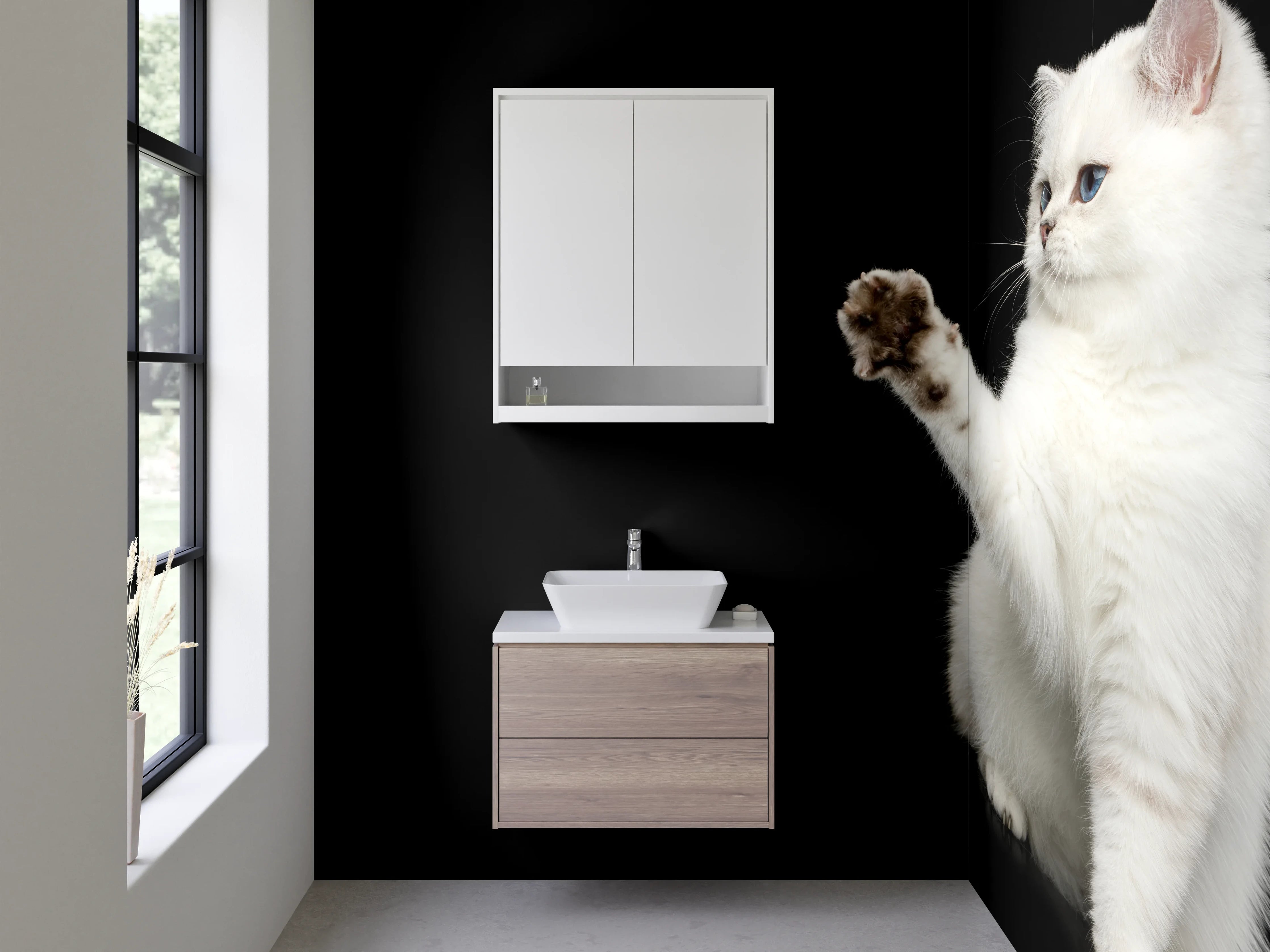Waschbecken-Rückwand - Grauschimmernde Katze vor Nachtschatten