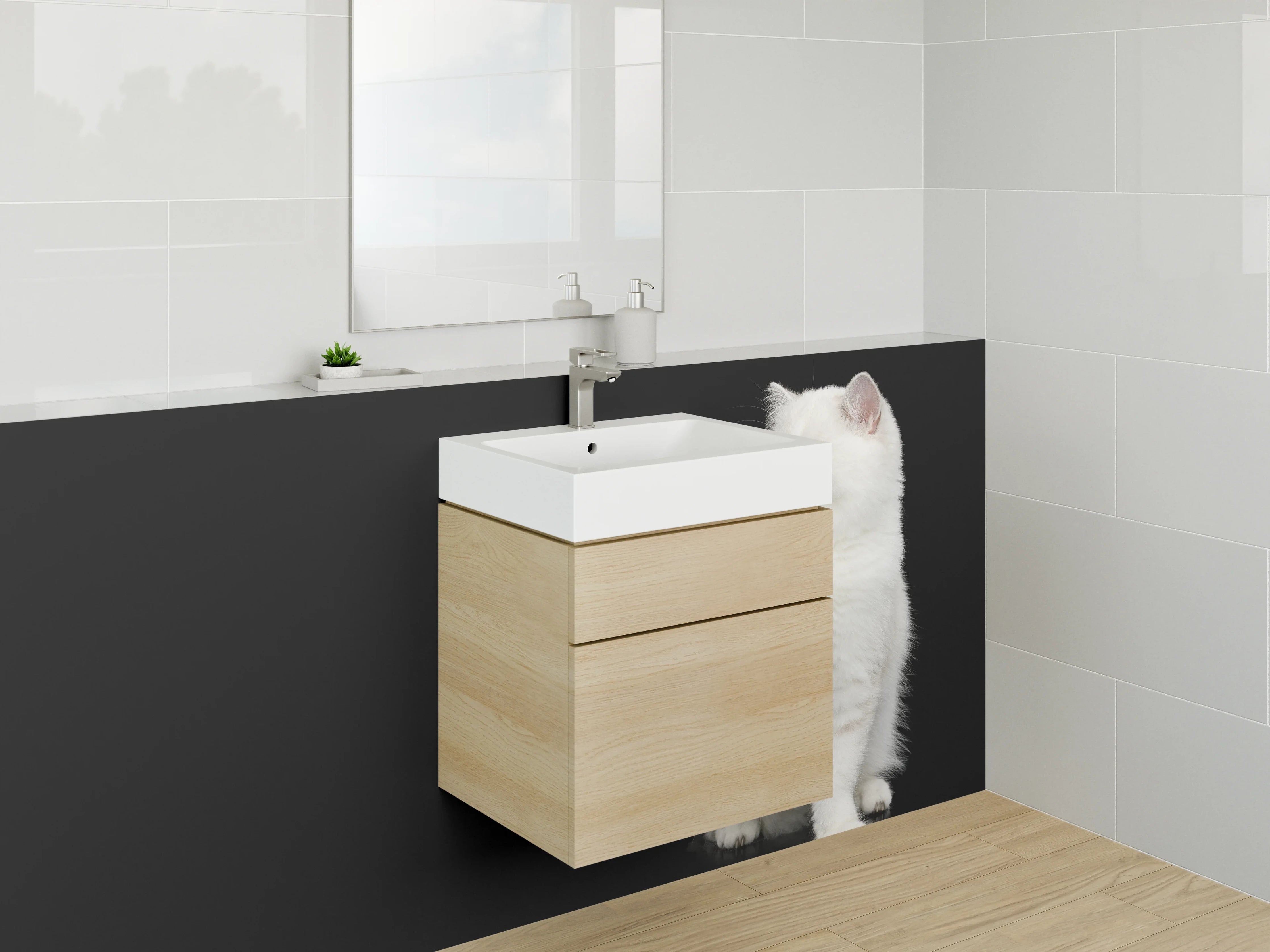 Waschbecken-Rückwand - Grauschimmernde Katze vor Nachtschatten
