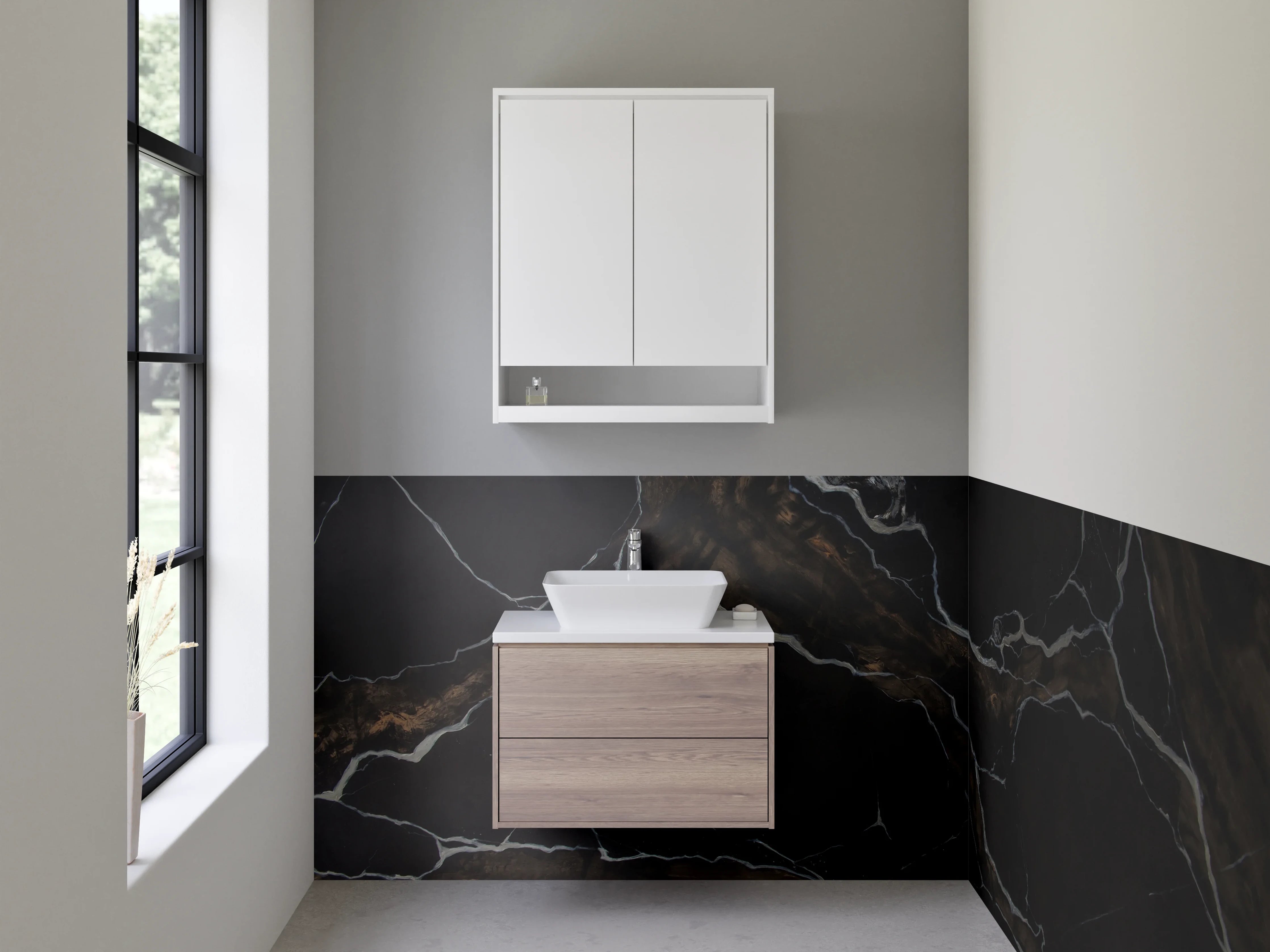 Waschbecken-Rückwand - Grauschimmernde Marmoroptik mit Weiß