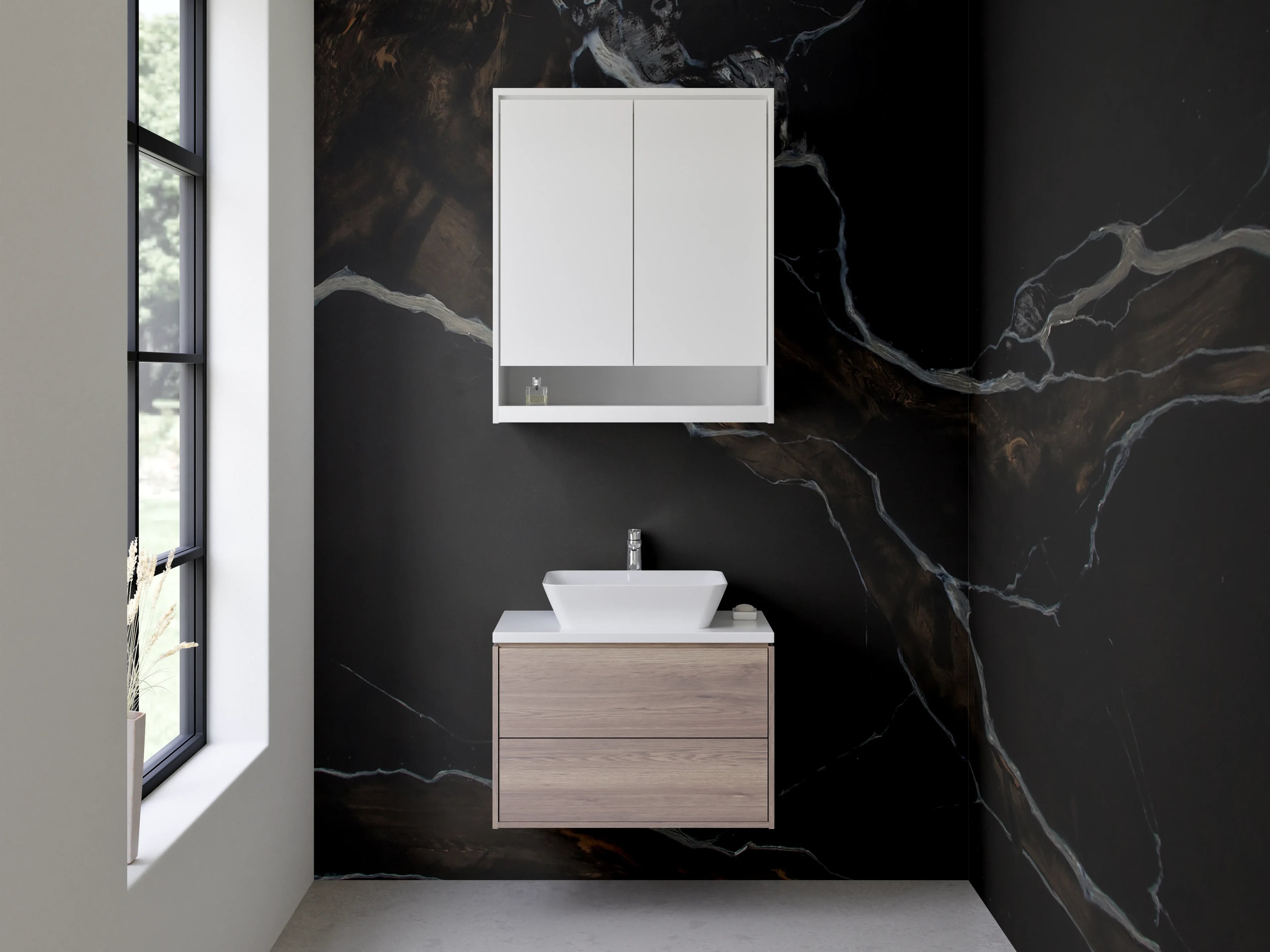 Waschbecken-Rückwand - Grauschimmernde Marmoroptik mit Weiß