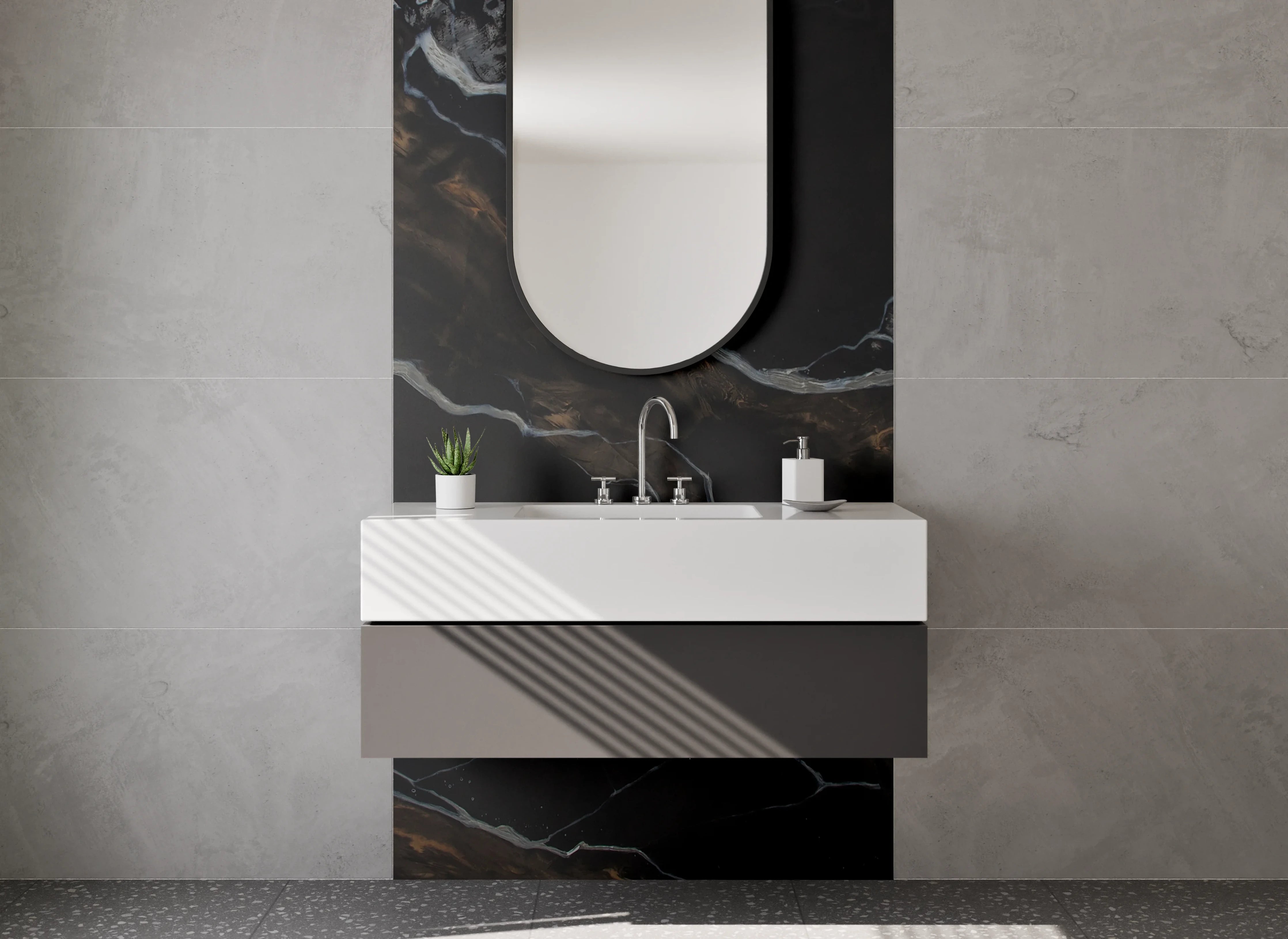 Waschbecken-Rückwand - Grauschimmernde Marmoroptik mit Weiß