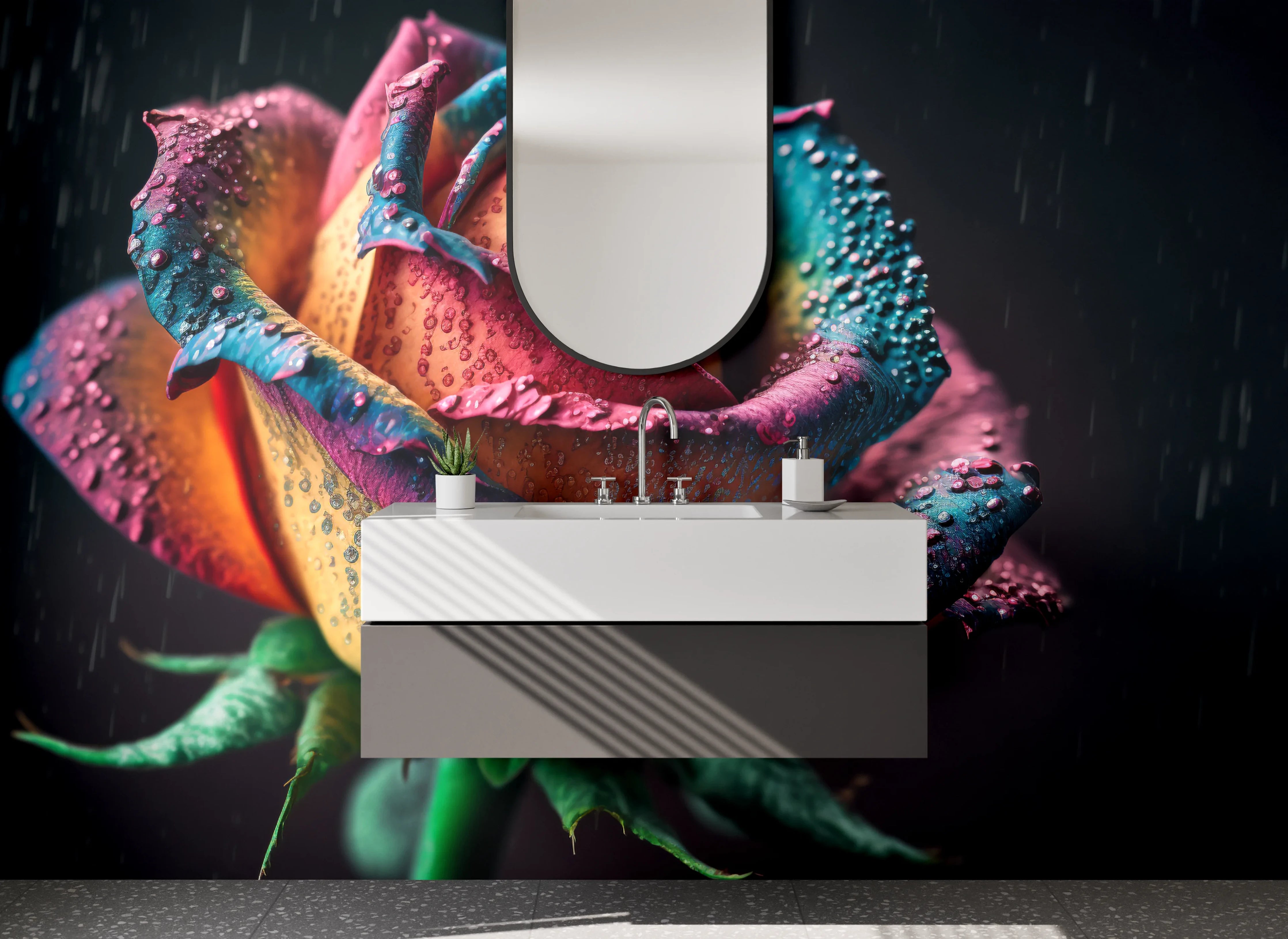 Waschbecken-Rückwand - Grauschimmernde Regenbogenblüte mit Tau