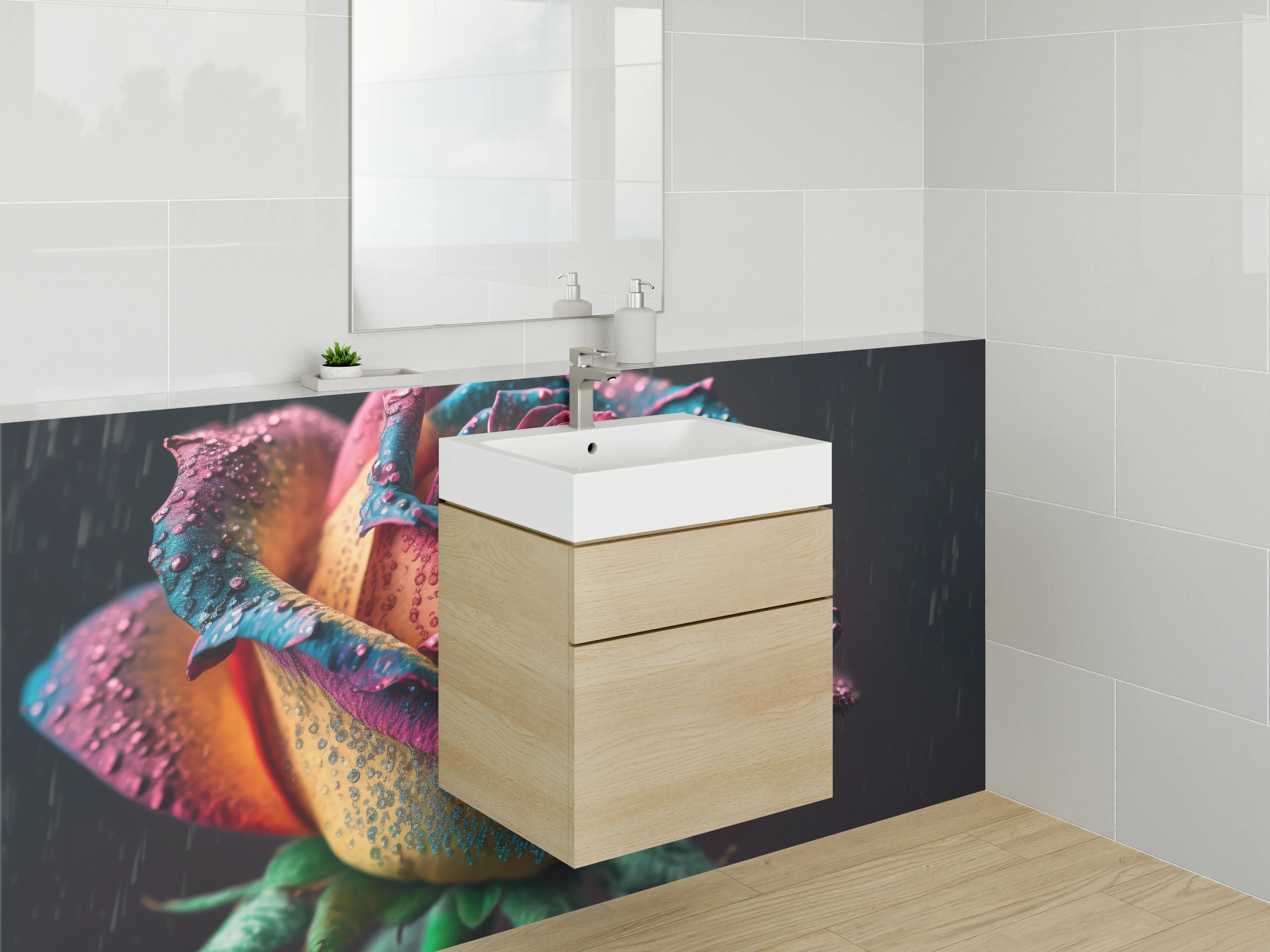 Waschbecken-Rückwand - Grauschimmernde Regenbogenblüte mit Tau
