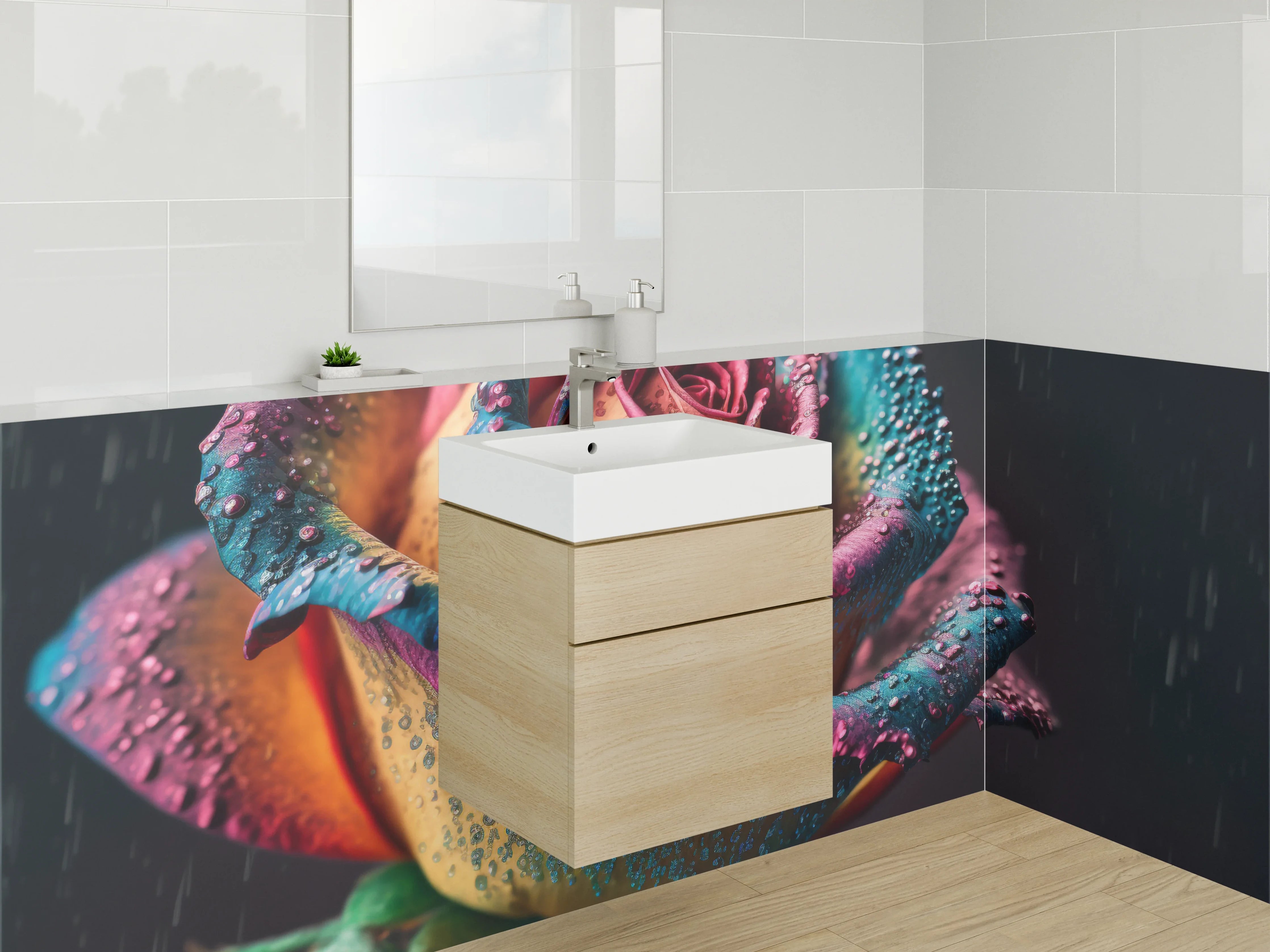 Waschbecken-Rückwand - Grauschimmernde Regenbogenblüte mit Tau
