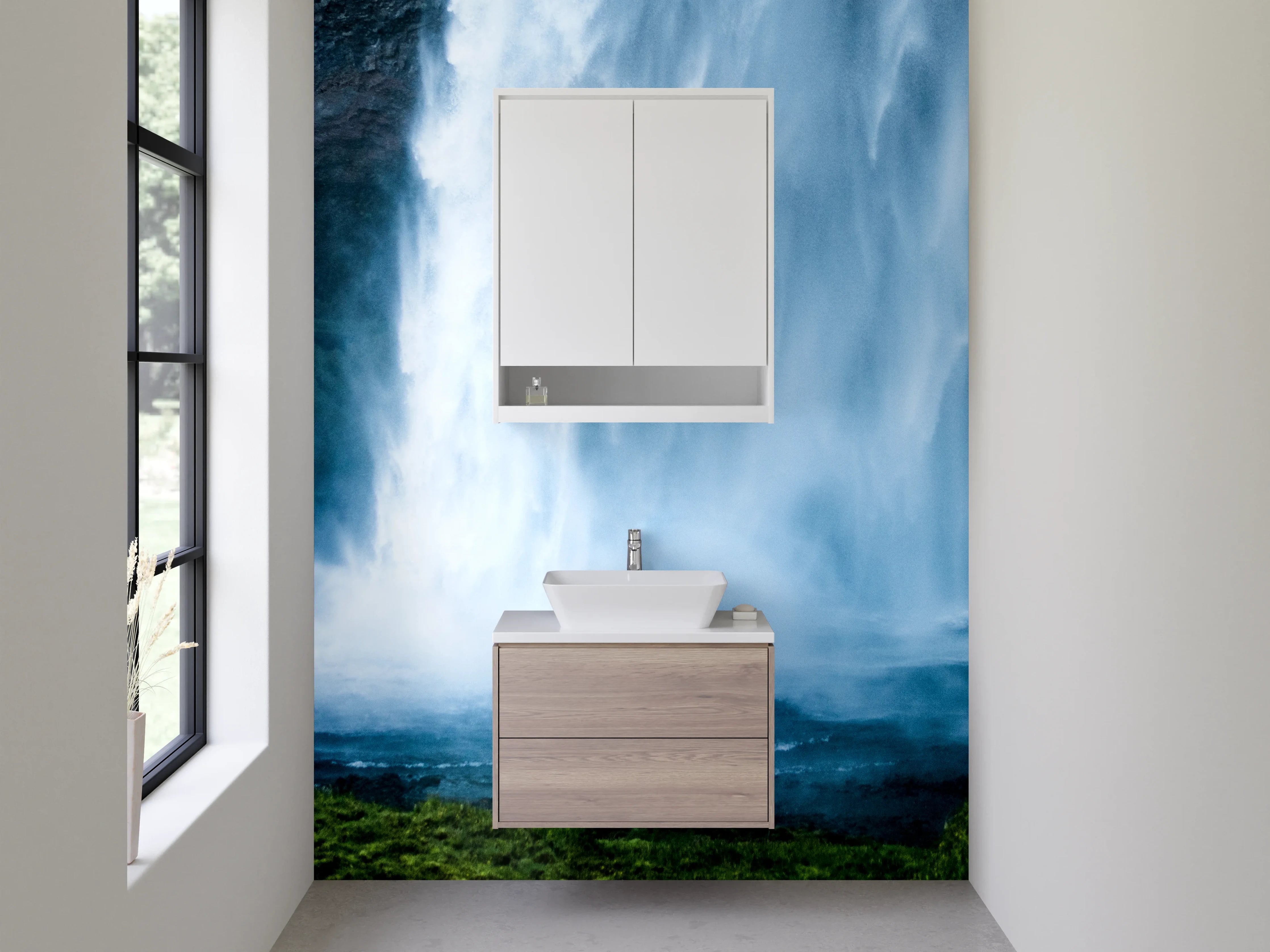 Waschbecken-Rückwand - Grauschimmernde Wasserfallträume im Nebel